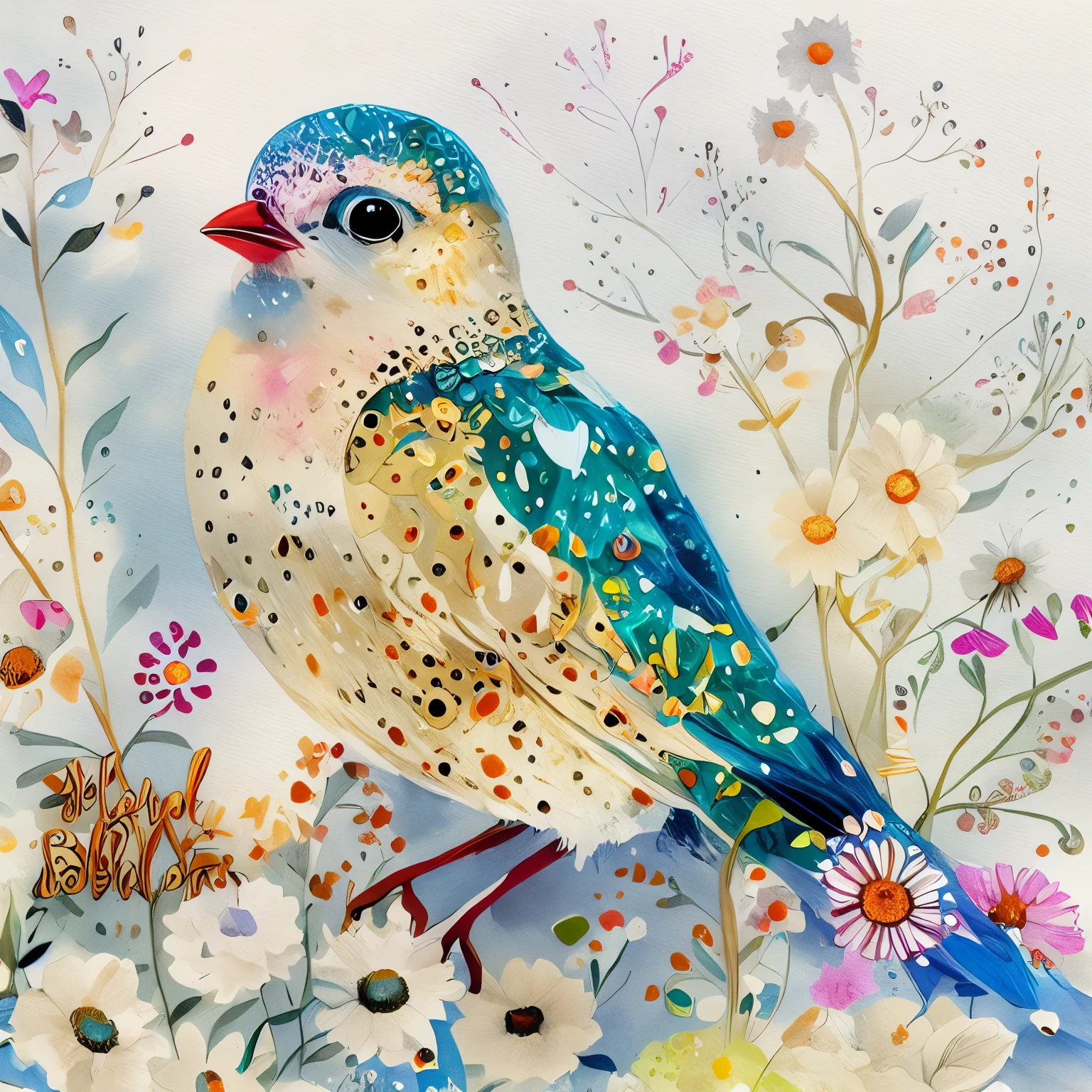 painting of a bird with colorful flowers and butterflies on a white background, beautiful artwork, beautiful art, jane newland, very very very beautiful art, full of colors and rich detail, kenne gregoire, a surrealistic bird, full of colour, by Caroline Chariot-Dayez, highly intricate and colorful, by Paul Bird, surrealistic bird