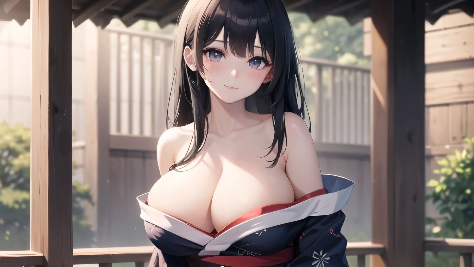 (((masterpiece, best quality))), (((superior quality))), cute girl, ((extremely detailed girl)), (huge breasts), (yukata), (bare shoulders), strapless top, slight smile