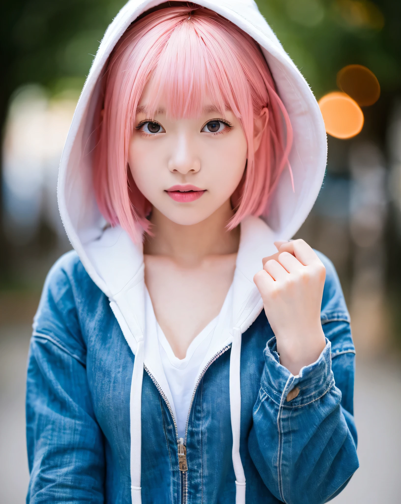 (highest quality, 8k, High resolution, masterpiece:1.2), beautiful japanese girl, 14 years old, perfect human anatomy, perfect hands, 16 years old, ((bright pink hair)), Beautifully styled short bob hair, asymmetrical bangs, ruby red eyes, High resolutionの潤んだ瞳, smooth soft skin, pale pink lips, natural makeup, A fleeting expression, white hoodie, wearing a hood, (whole body:1.3), perfect collarbone, High resolutionの美しい胸元, High resolutionの美しい太もも, beautiful feet, moonlight, City of night, Sparkling colorful illuminations, moonlight, professional lighting, professional photographer