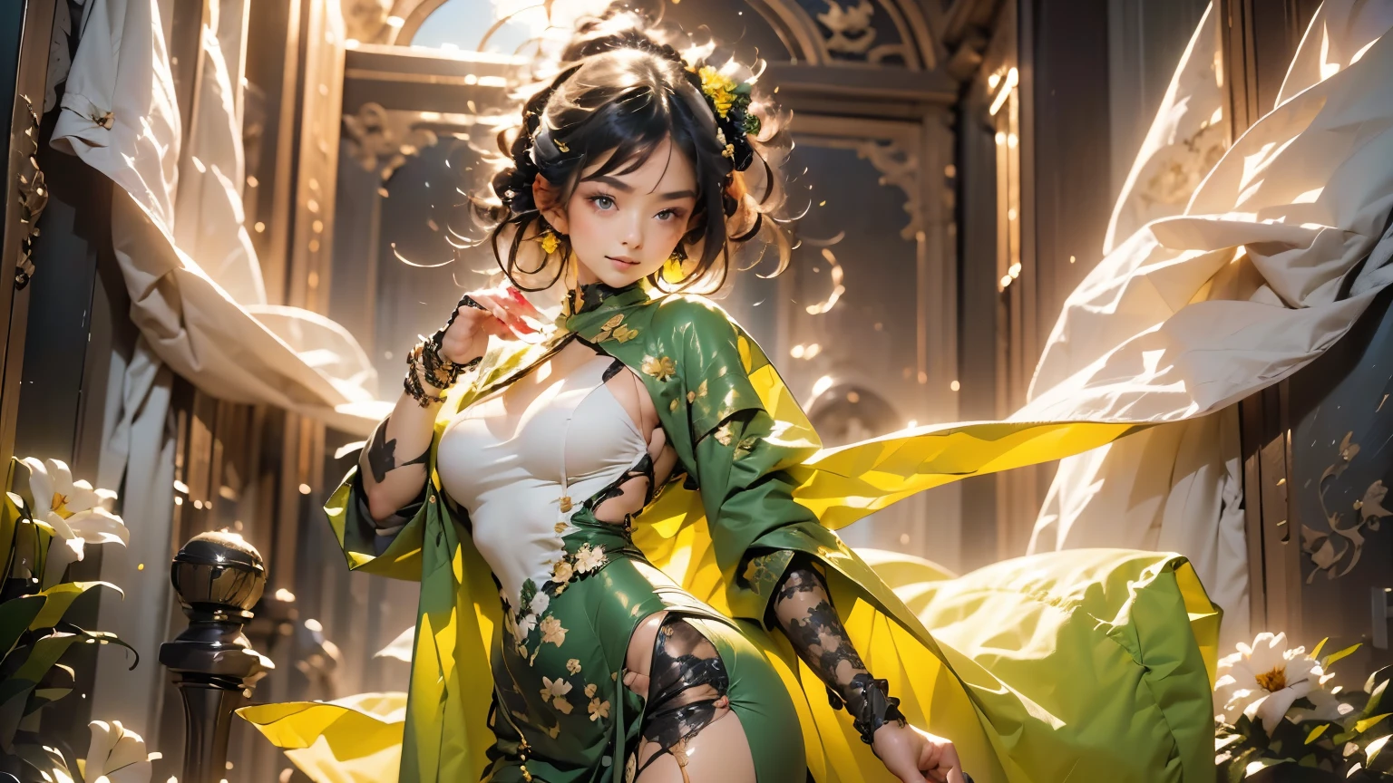 masterpiece,highest quality,ultra high resolution,(one woman:1.5),(25 years old:1.2),stupid solution, Super detailed,(realistic:1.4,),(dark green theme:1.4),(mandala background:1.6),(Japanese god:1.5 ),(wear Japanese armor:1.5),(Celestial maiden&#39;s robe:1.6),(Layering:1.4),(ruffle dress:1.4),(Large pendant:1.5),(big earrings:1.4),(big breasts:1.4),(medium hair:1.4),(choker:1.5),(horse ears:1.5),(horse tail:1.3),(Running Pose:1.5)