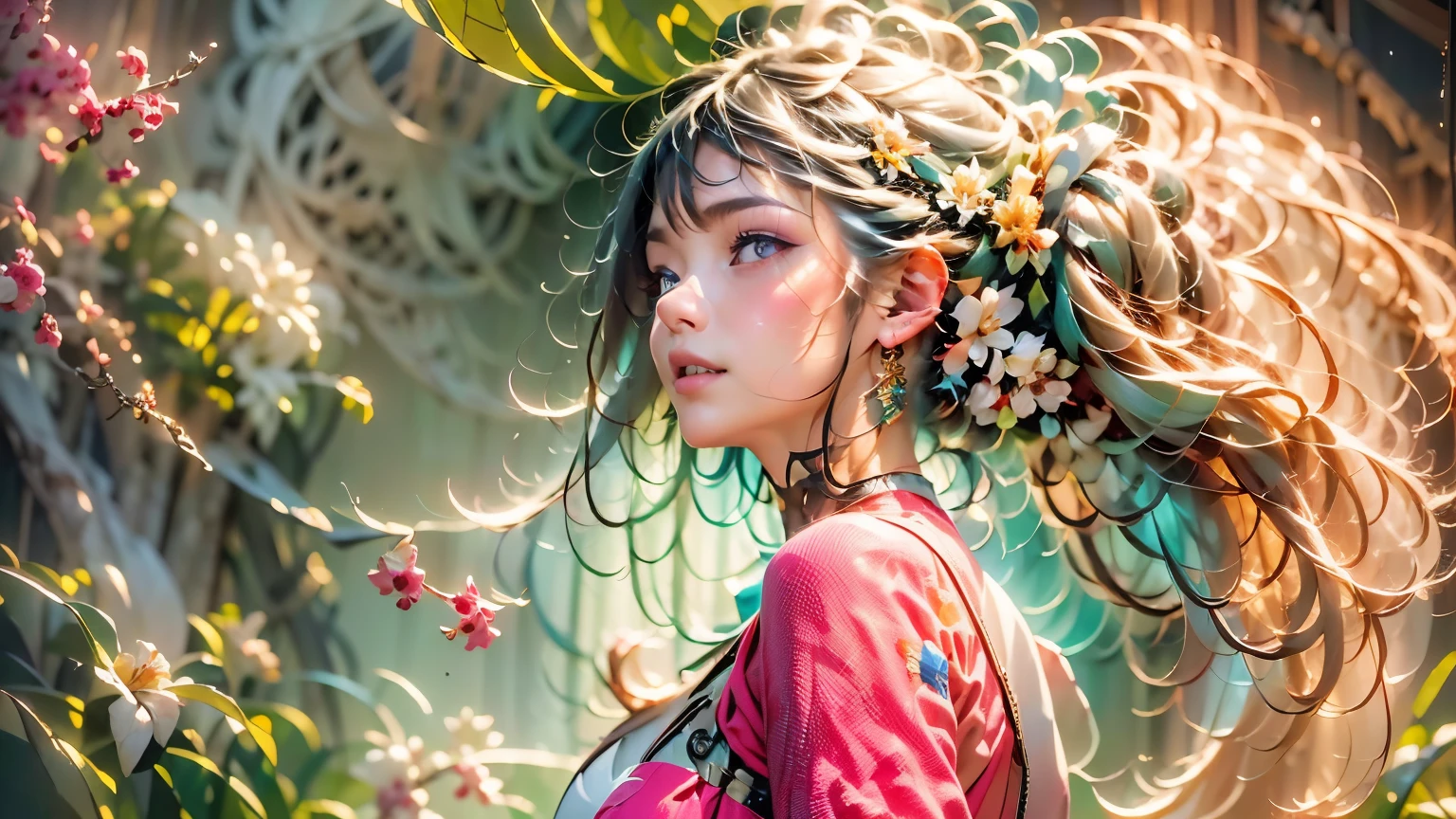 (Realistic Painting), (Best Quality, High Resolution, Photo Realistic: 1.37), (Vivid Colors), (Studio Lighting), (Orange, Pink, White, and Green Details), (Woman with White Hair), (Tattoos), (Technological clothing: 1.1), (Abstract background with lines and circles). ((best quality, high resolution, clear image, detailed background, girl, flower-t tattoo, starry sky)). ((Best quality: 1.37), (1 girl - solo, full-length, waist-high, loose - relaxed pose, standing), (fashionable pink dress, technological image)). ((Settings, soft light, shadows). (tech background - abstraction) HD detail, cinematic, surrealism, Soft light, Deep focus, ray tracing, Diffusion.