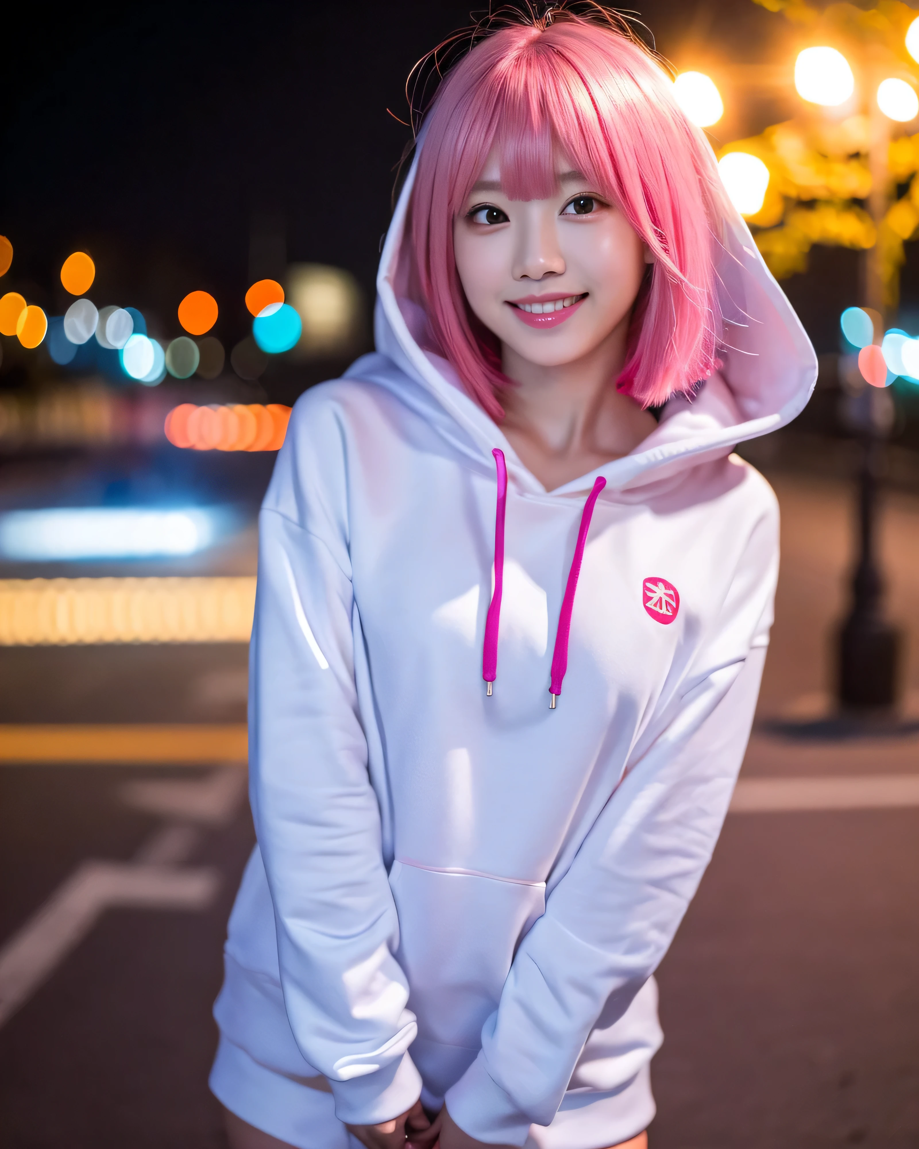 (highest quality, 8k, High resolution, masterpiece:1.2), beautiful japanese girl, , perfect human anatomy, perfect hands, 16 years oldink hair)), Beautifully styled short bob hair, asymmetrical bangs, big magic eyes, High resolutionの潤んだ瞳, smooth soft skin, pale pink lips, natural makeup, fleeting smile, white hoodie, wearing a hood, (whole body:1.3), perfect collarbone, High resolutionの美しい胸元, High resolutionの美しい太もも, beautiful feet, moonlight, City of night, Sparkling colorful illuminations, moonlight, professional lighting, professional photographer