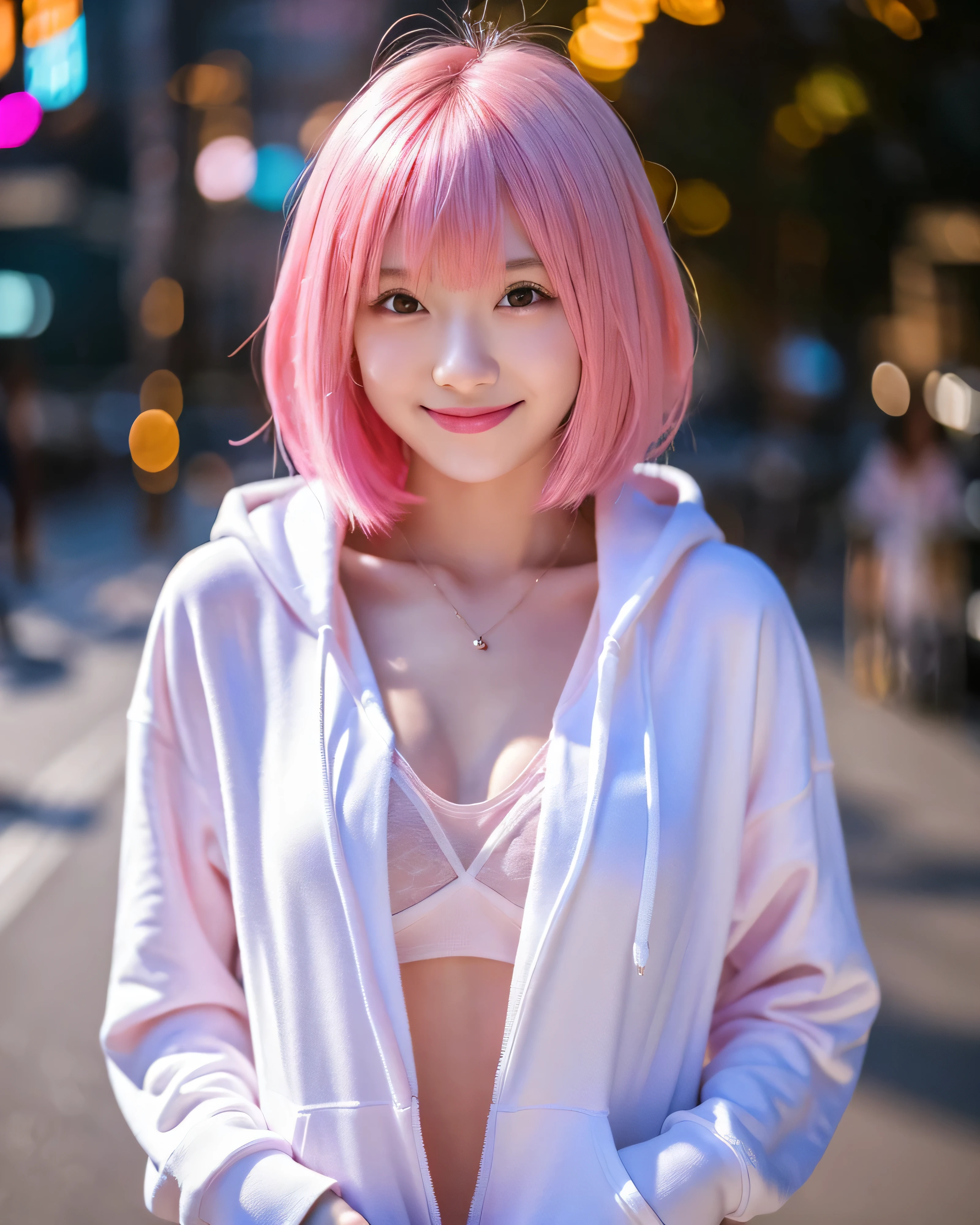 (highest quality, 8k, High resolution, masterpiece:1.2), beautiful japanese girl, , perfect human anatomy, perfect hands, 16 years oldink hair)), Beautifully styled short bob hair, asymmetrical bangs, big magic eyes, High resolutionの潤んだ瞳, smooth soft skin, pale pink lips, natural makeup, fleeting smile, white hoodie, wearing a hood, (whole body:1.3), perfect collarbone, High resolutionの美しい胸元, High resolutionの美しい太もも, beautiful feet, moonlight, City of night, Sparkling colorful illuminations, moonlight, professional lighting, professional photographer