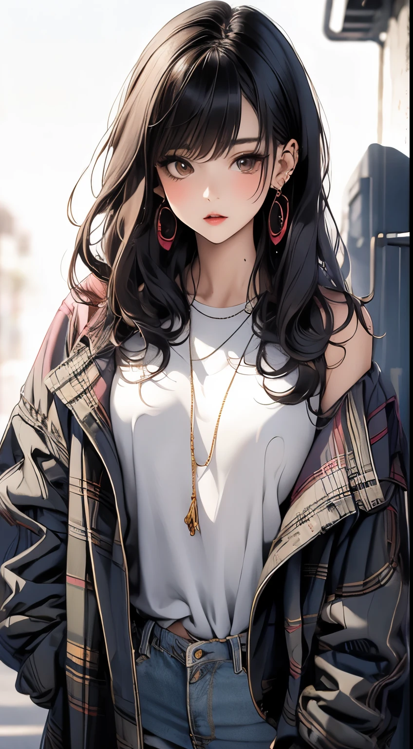 masterpiece, highest quality, pixiv, cool girl, lots of earrings, earrings, dark brown hair, curly hair, dull bangs, straight bangs, gray eyes, white skin, gal, Improve