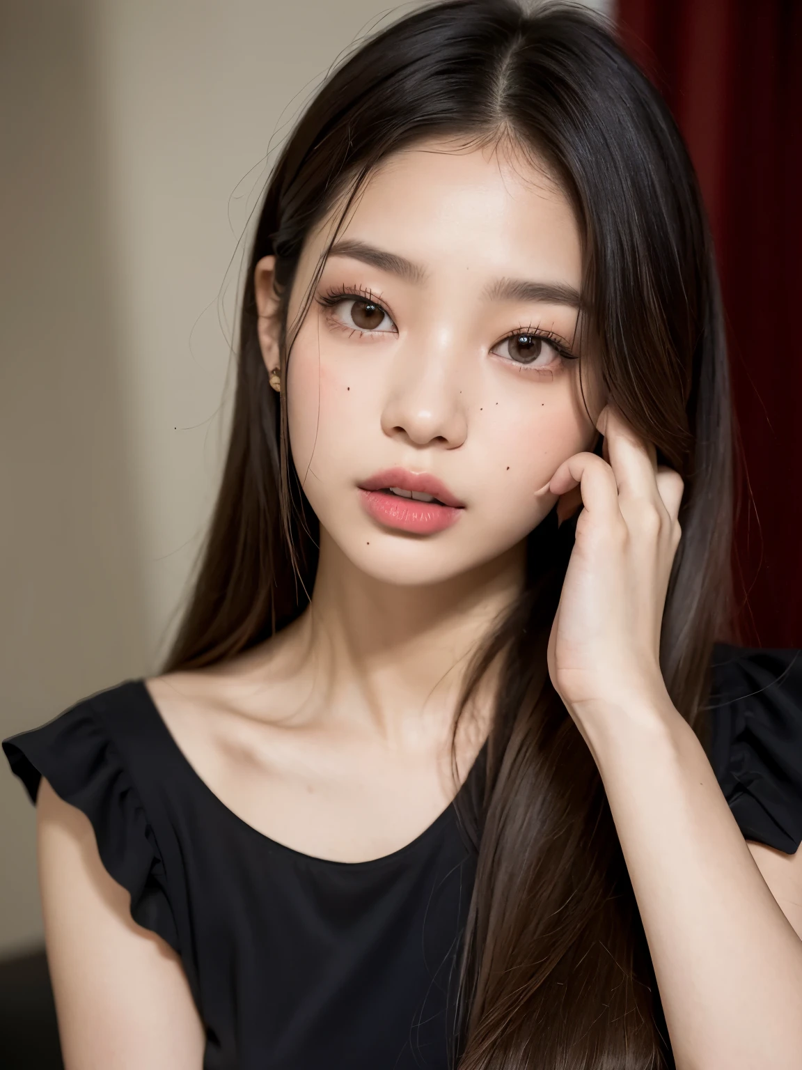 Kim Jennie de blackpink con el cabello rubio claro, cabello rubio con ondulado, cabello de color rubio ondulado, with small fringes, ojos color negro, nariz respingada y bonita, labios gruesos, Cupid and heart shaped lips..., labios rosas, pale, piel blanca, piel bonita y suave, con pecas y lunares, cejas bonitas, marked and beautiful clavicle, mientras tiene un polo con rosas color rojo tinto, rojo oscuro, con ropa interior femenina, con un short corto, short bonito y corto, abdomen delgado y bonito, escote desnudo, (pechos grandes, pechos suaves, pechos naturales, escote desnudo), mientras agarra una rosa, mirando a la camara, autofoto