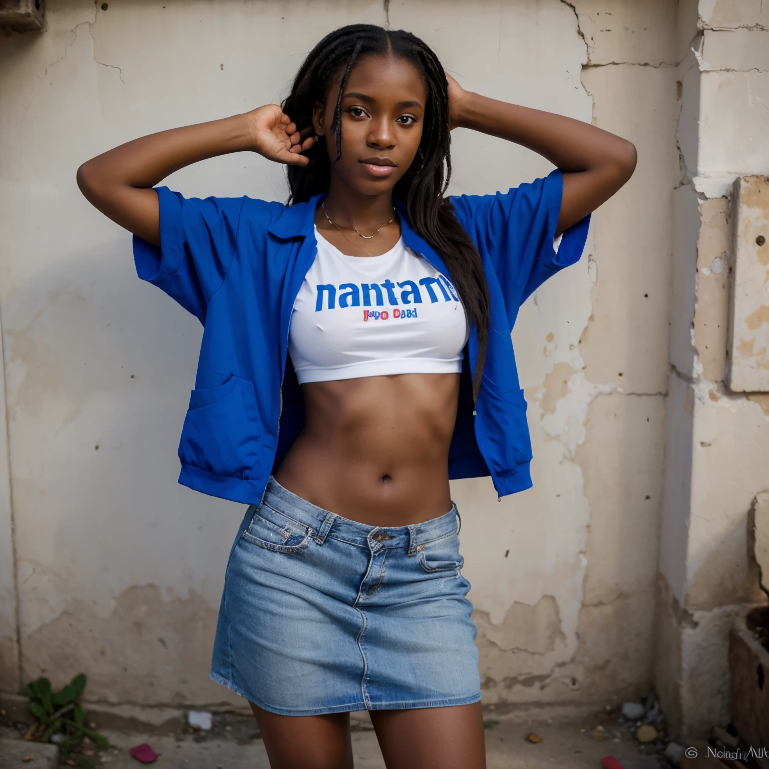 24 year old Haitian woman , resourceful poses for a photo wears big brand clothes