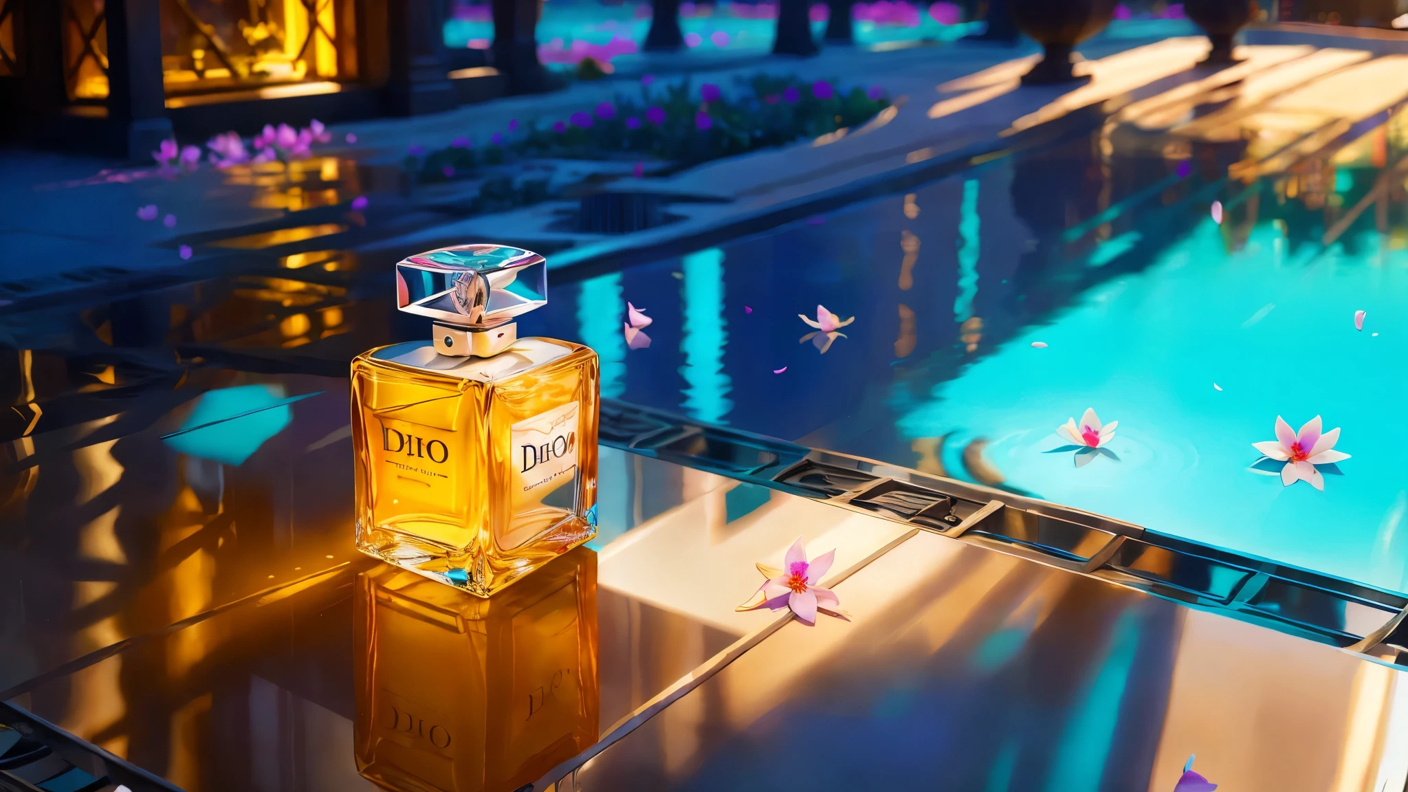 In the stillness of the morning, the reflection of a Dior perfume bottle Against the pale blue sky shows its elegant allure. The mirror, framed by delicate falling flower petals, catches the first rays of sunlight in a high angle shot. Each detail is meticulously captured in Alto detalhe, Alta qualidade, enhancing the reflexo do sol that dances on the bottle's surface. The 8K octane rendering showcases every curve and line with lifelike texture, as if inviting one to touch and feel its luxuriousness. As the sun begins to rise, the scene bursts with vibrant colors, the petals blooming in brilliant hues,