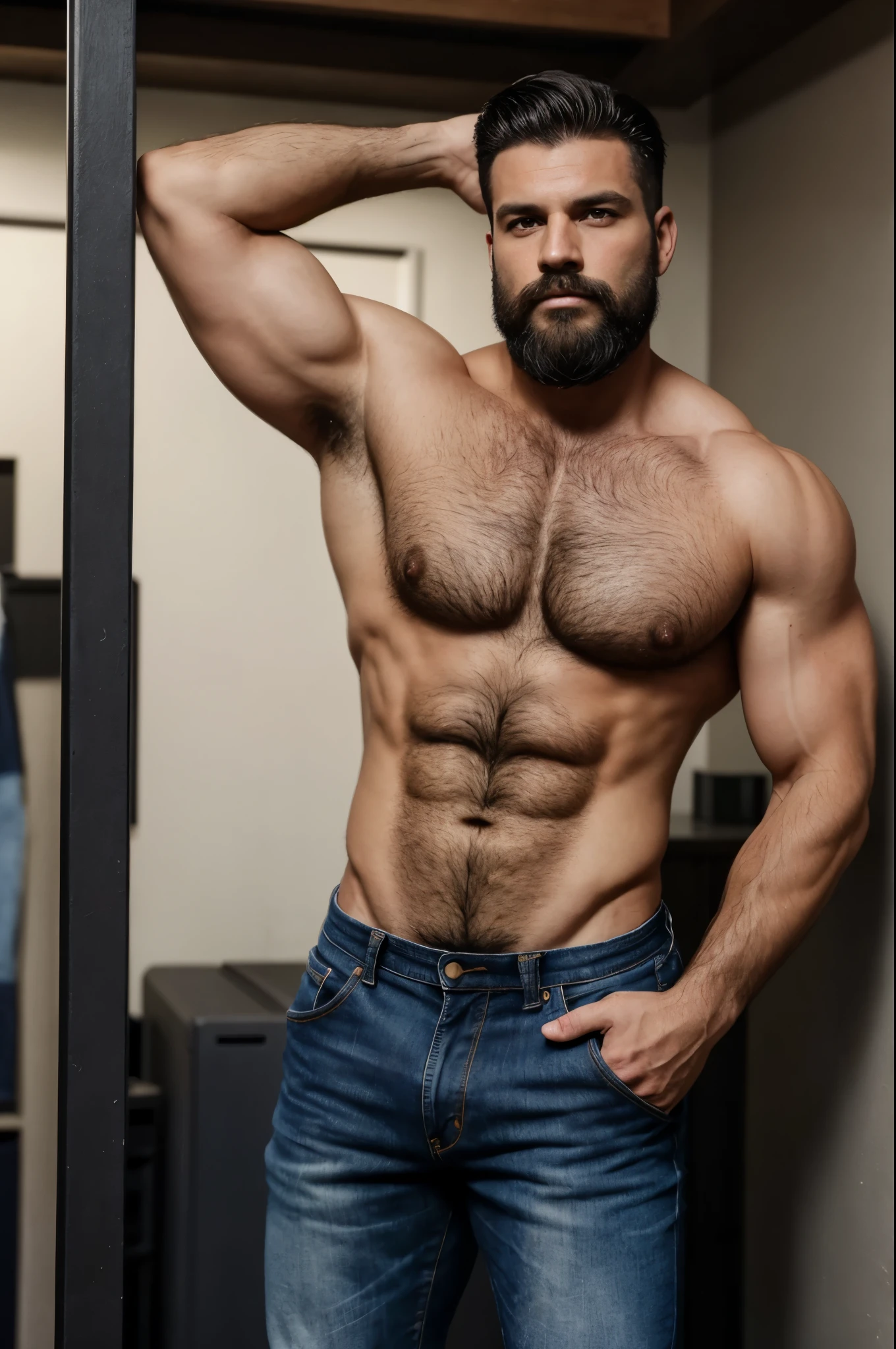 "Please create an illustration of a shirtless, short dark hair, 35-year-old man with defined muscled hairy body, ((hairy body)), He has a dense covering hair on his chest, extending down to his abdominal area, he has a tattoo on one of his arm and chest covered with chest hair. He is wearing jeans and standing in a relaxed stance, showcasing his full body. His facial hair is a medium-length, half-long dance beard, and he has short black hair on his head. One of his arms and his chest bear tattoos, adding to his rugged appearance. The overall vibe is of a confident, masculine figure exuding strength and charisma."