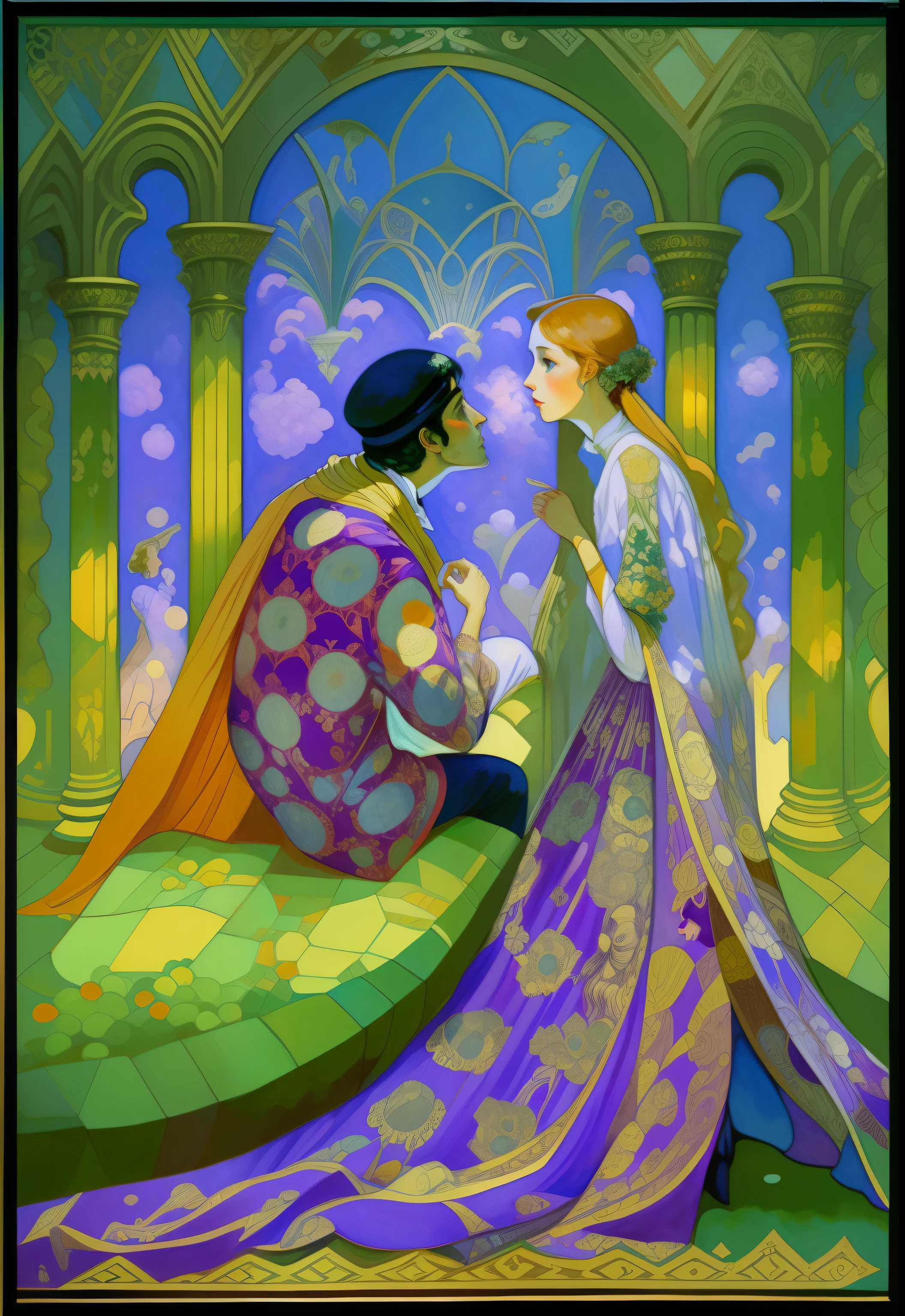 a painting of a man and woman sitting on a ledge, by Gustaf Tenggren, florence harrison, art deco medieval style, by Edward Baird, inspired by Gustaf Tenggren, by Warwick Goble, by Dorothy Johnstone, inspired by Warwick Goble, edward hughes, kay nielsen and wadim kashin, by Jane Small, by Gerda Wegener