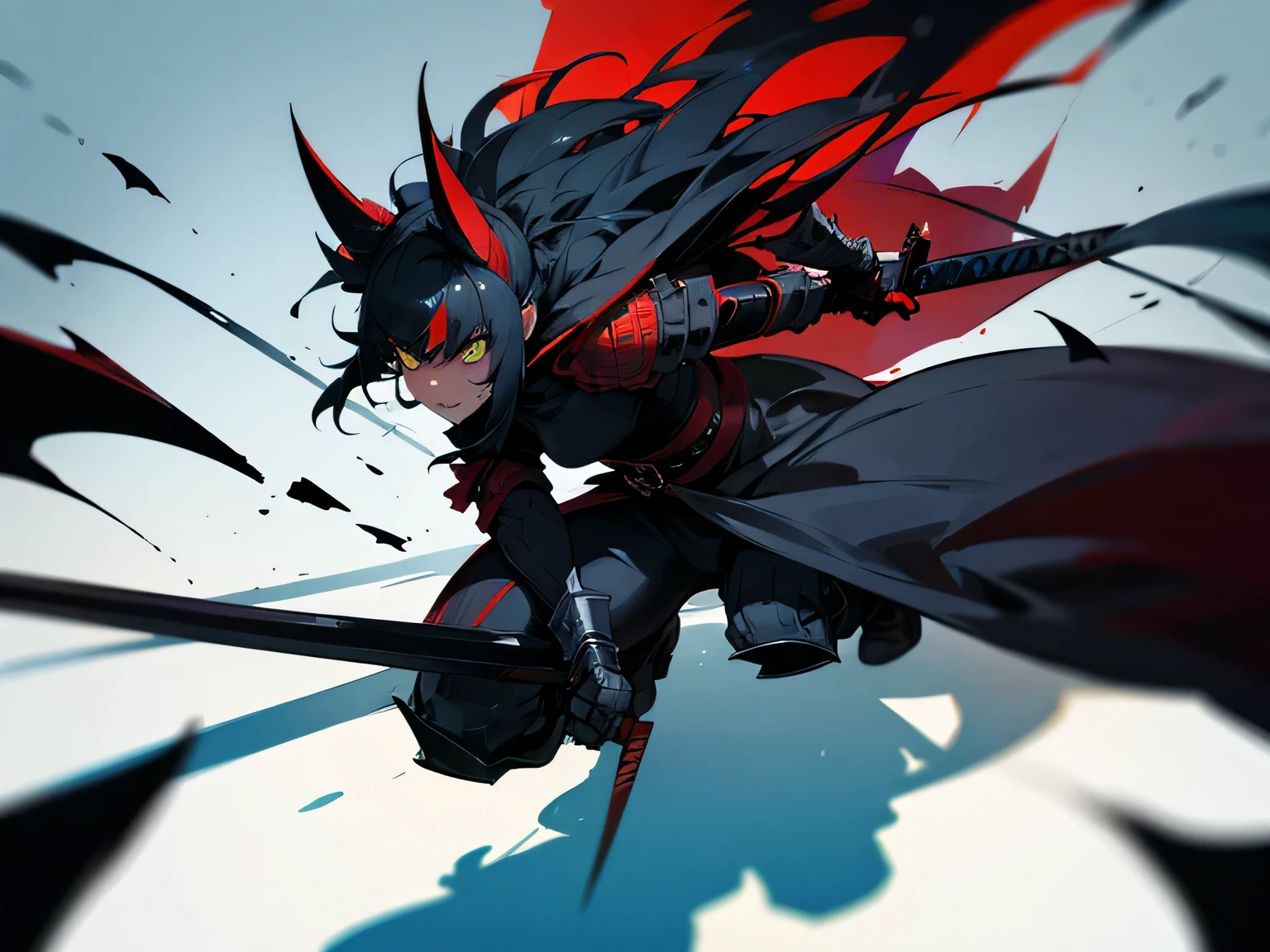 a black cat demon wearing warlord armor, wielding a sword, surrounded by corpses and shadows