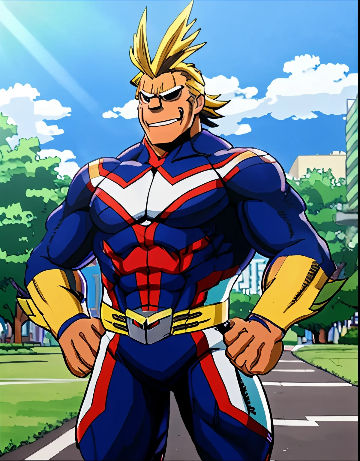 All Might from My hero academia, All Might,  { horikoshi_kouhei (style) }, {{ ultra_detailed }}, {{{ best_quality }}}, {{{ masterpiece }}},  { blush }, walking in the park, outdoors, anime style, my hero academia, boku no hero academia,