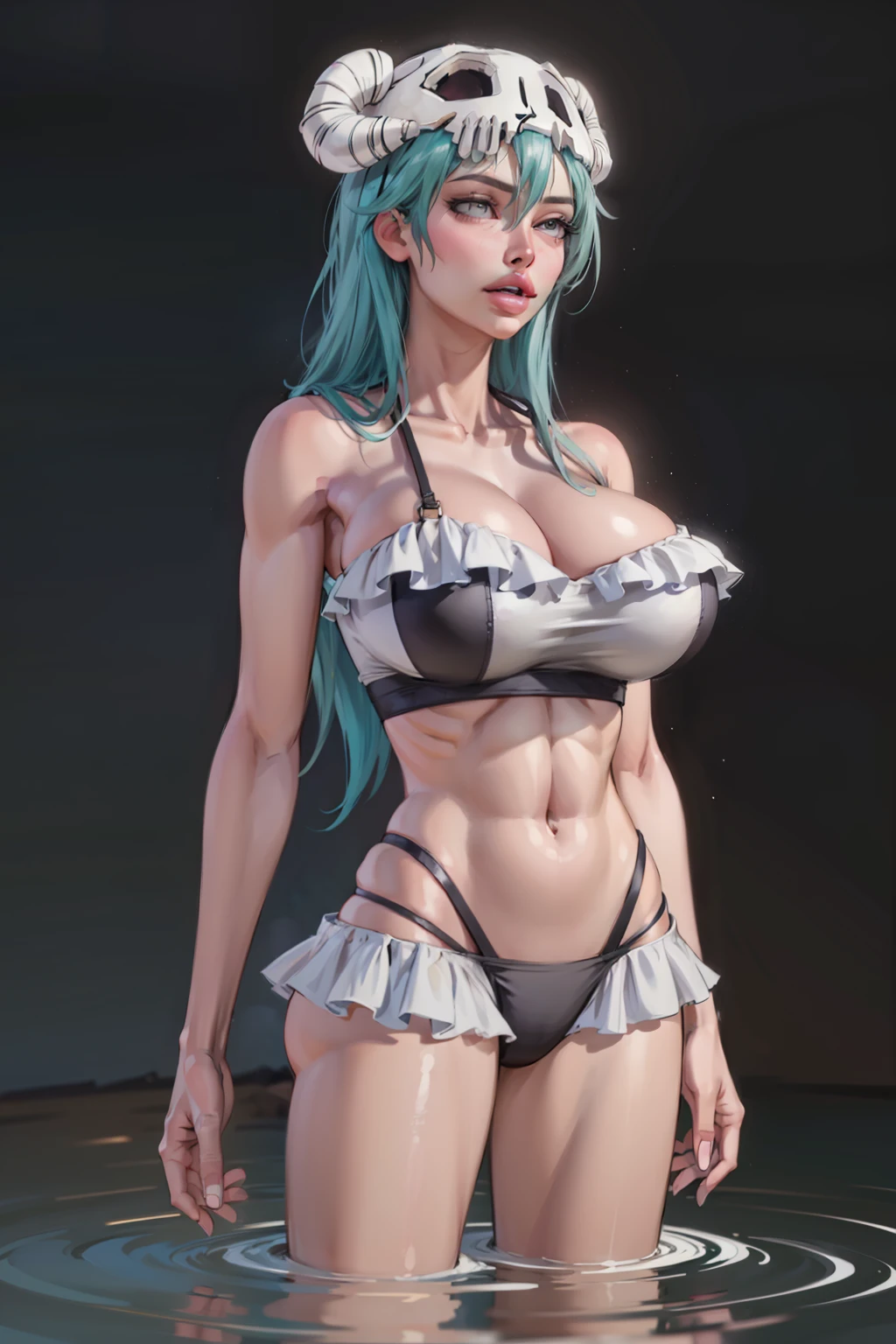 ((best quality, masterpiece, absurdres, super-resolution)) ((front view)), photo of beautiful nelliel, solo, ((nelliel)), bleach universe, hair, standing in hueco mundo, from far, ((lime green hair)), ((swimsuit)), glossy, arrancar, beautiful anime eyes with luster reflection, beautiful, (gigantic breasts), slendered abs, hip dips,  dark void on background, ((dark colors, Volumetric lighting)), baroque oil painting by Greg Rutkowski, Artgerm, WLOP, dynamic angle, mystical expression, dark glow effect, fantasy background, rim lighting, side light,