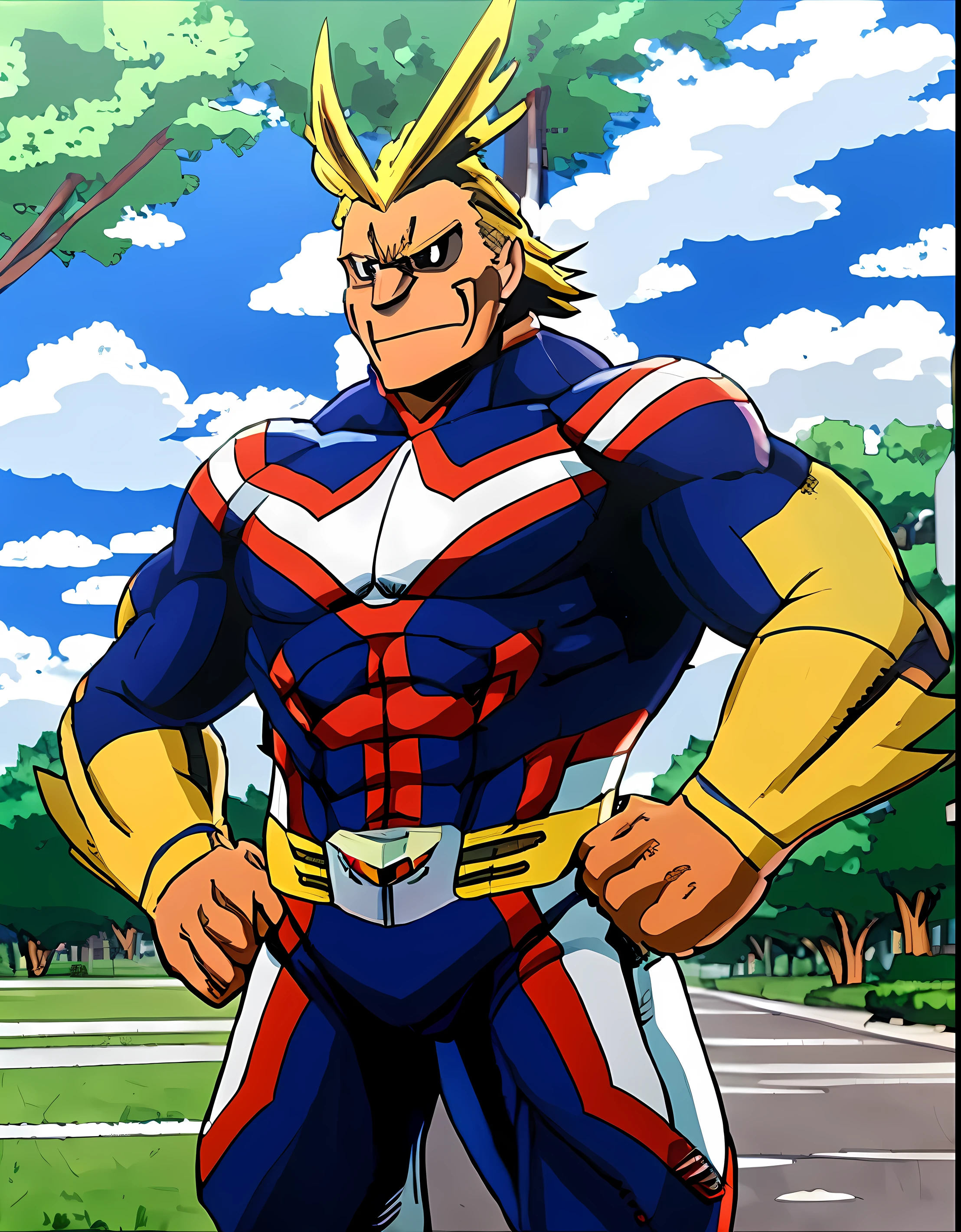 All Might from My hero academia, All Might, { horikoshi_kouhei (style) }, {{ ultra_detailed }}, {{{ best_quality }}}, {{{ masterpiece }}}, { blush }, walking in the park, outdoors, anime style, my hero academia, boku no hero academia,