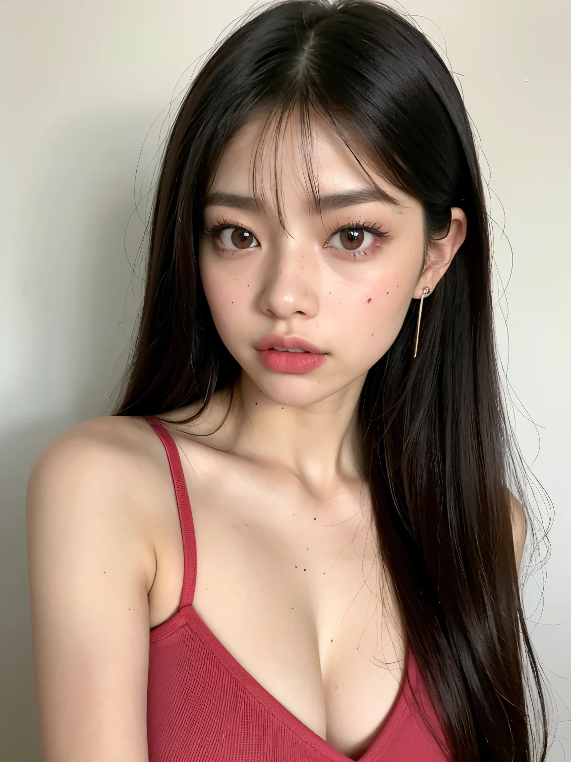 Kim Jennie de blackpink con el cabello rubio claro, cabello rubio con ondulado, cabello de color rubio ondulado, with small fringes, ojos color negro, nariz respingada y bonita, labios gruesos, Cupid and heart shaped lips...., labios rosas, pale, piel blanca, piel bonita y suave, con pecas y lunares, cejas bonitas, marked and beautiful clavicle, mientras tiene un polo con rosas color rojo tinto, rojo oscuro, con ropa interior femenina, con un short corto, short bonito y corto, abdomen delgado y bonito, escote desnudo, (pechos grandes, pechos suaves, pechos naturales, escote desnudo), mientras agarra una rosa, mirando a la camara, autofoto