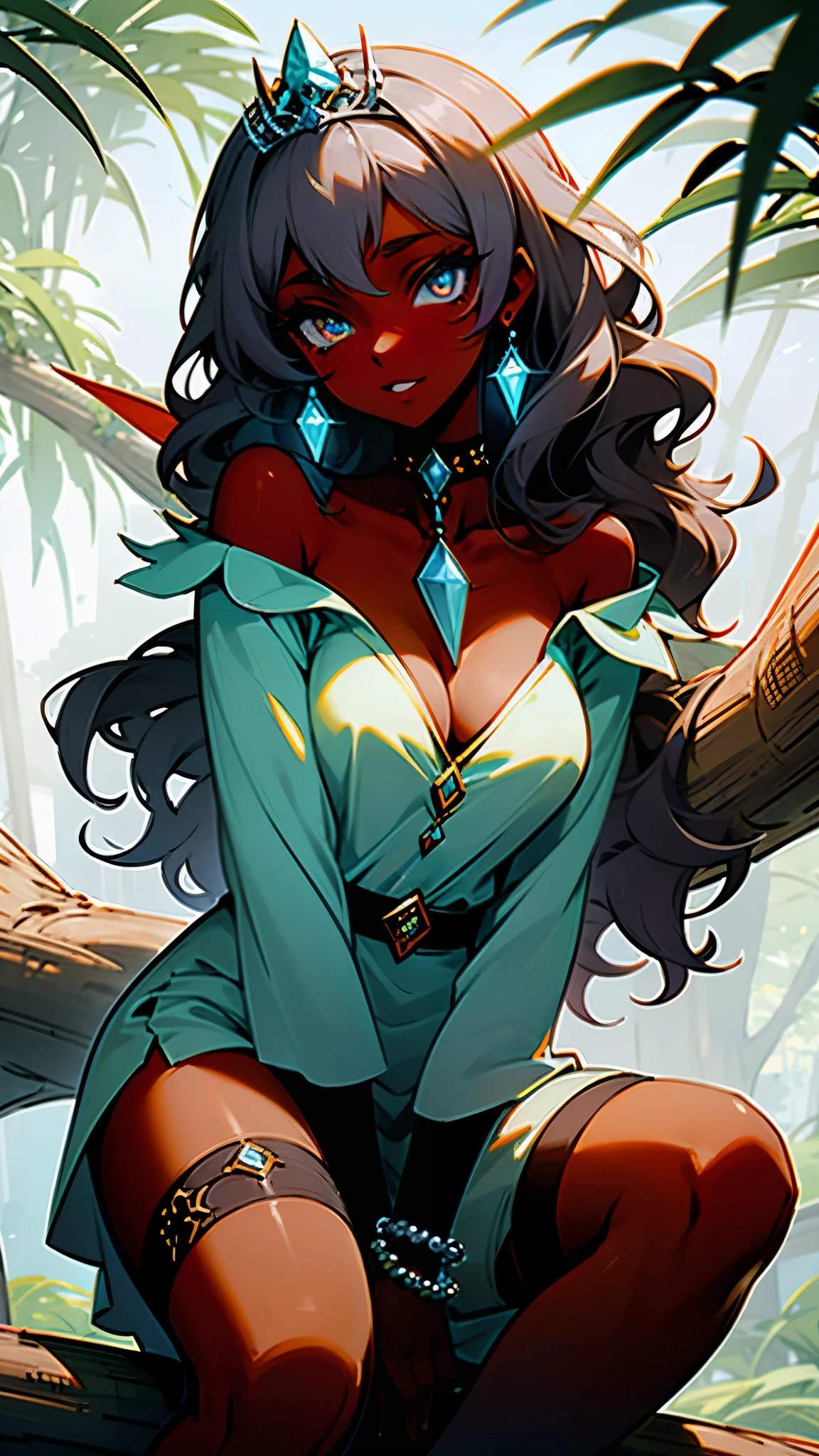 fog, dark skin reflecting light, shiny glowing eyes, shiny accessories, emerald accessories, choker, princess tiara, bracelet, thigh garter, 1 girl, dark skin, wavy hair, make-up, off-shoulder blouse, sitting on a tree branch