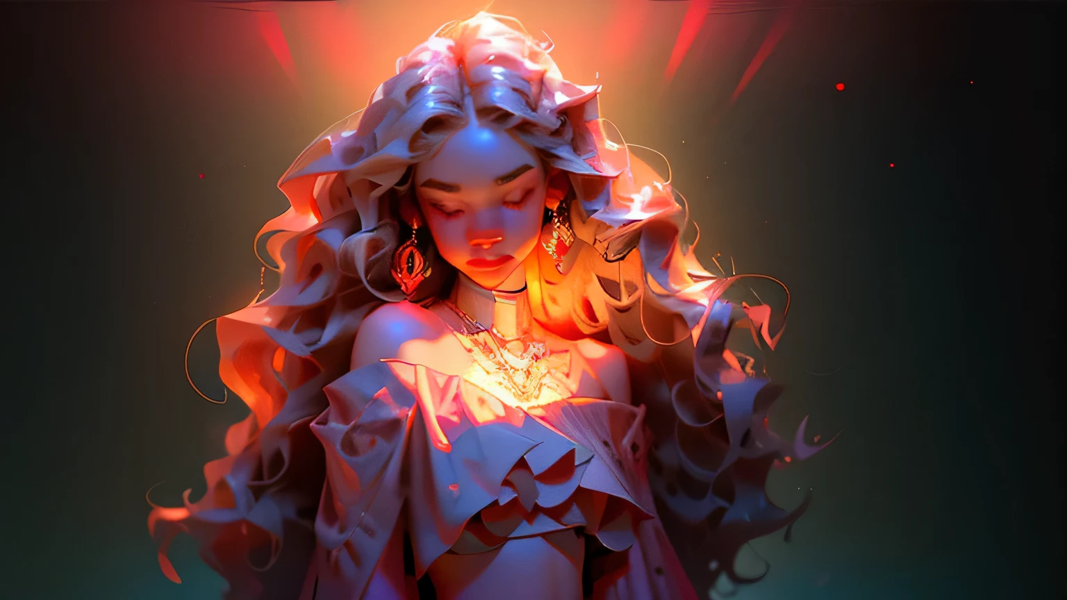(masterpiece, best quality), 1girl, upper body, wavy hair, ((light skin)), off shoulder, navel, waves, hair ornament, looking at viewer, (intricate, pattern), dappled led lights, nightclub scene, neon flashing lights, against support beam,