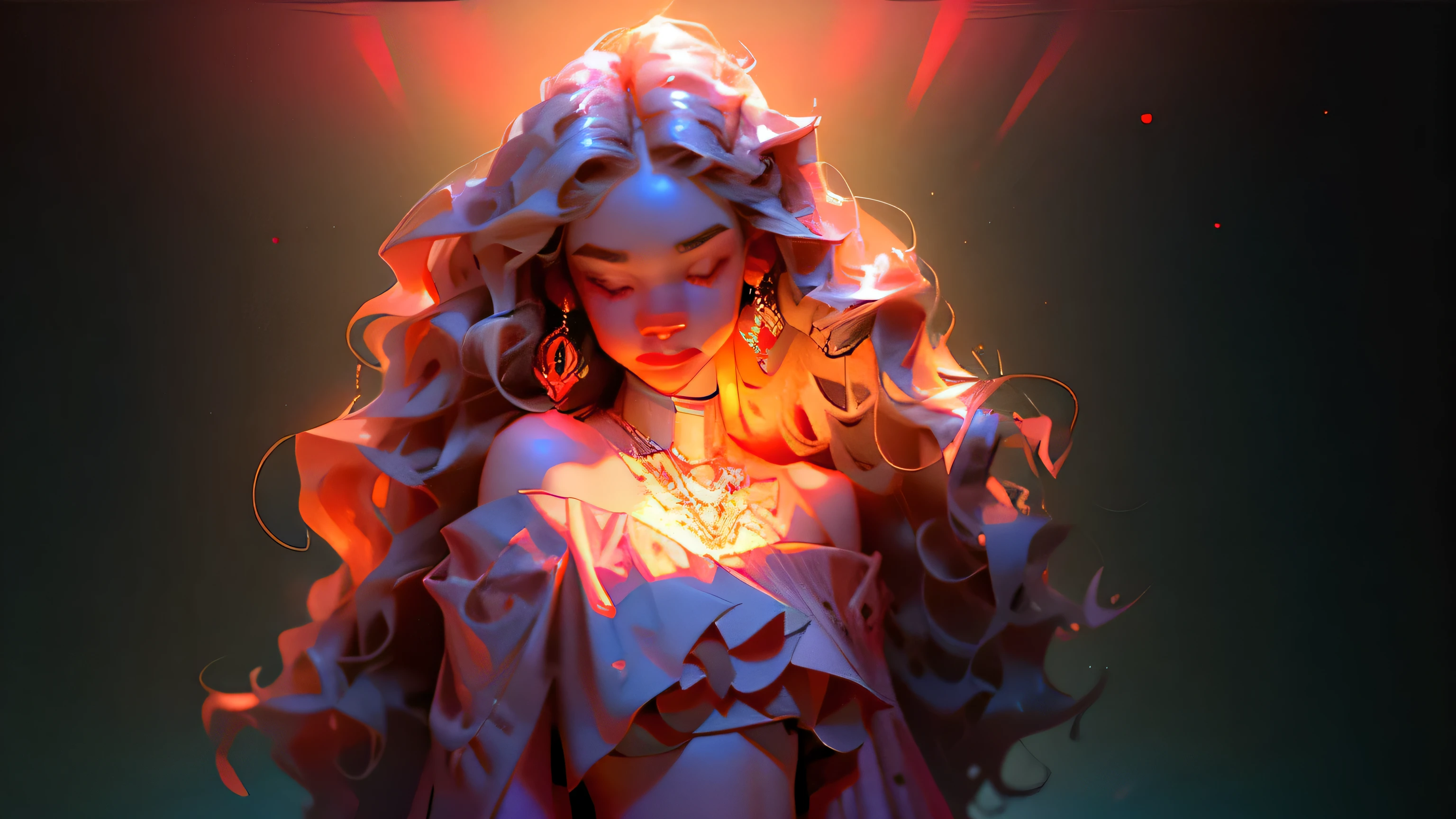 (masterpiece, best quality), 1girl, upper body, wavy hair, ((light skin)), off shoulder, navel, waves, hair ornament, looking at viewer, (intricate, pattern), dappled led lights, nightclub scene, neon flashing lights, against support beam,