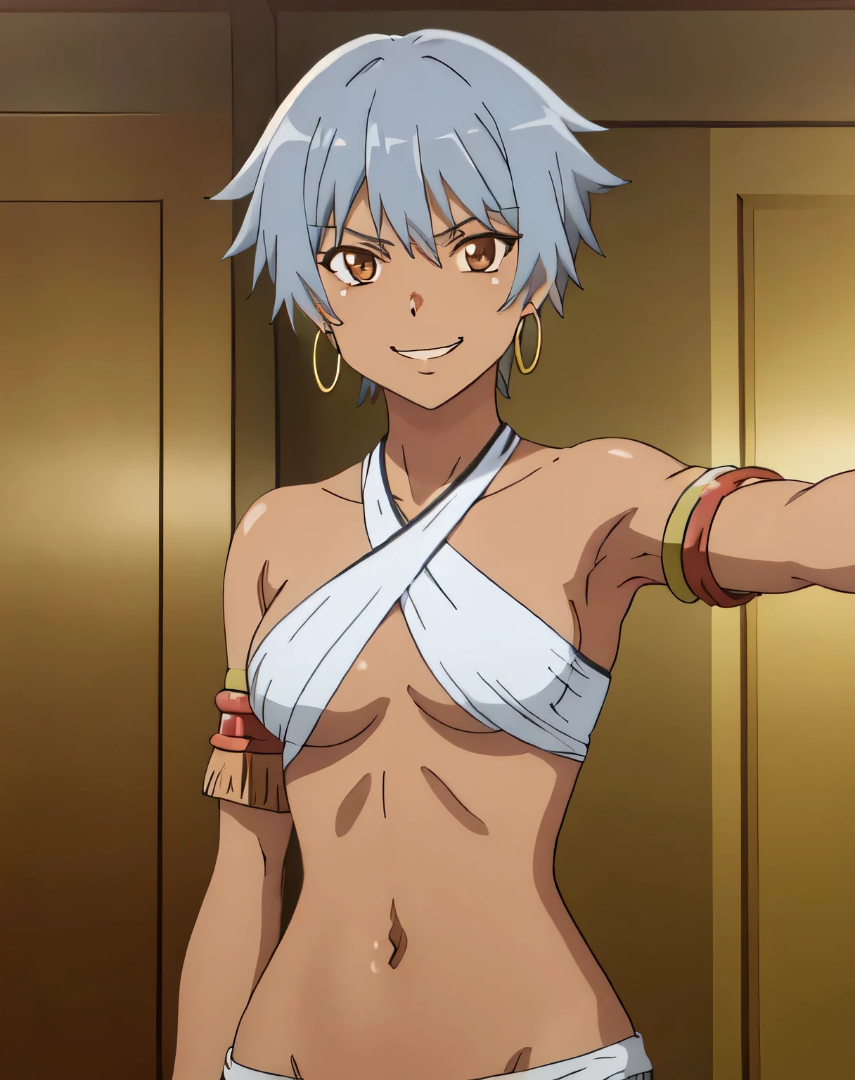 SAMIRADANMACHI, 1GIRL, SOLO, SHORT HAIR, GREY HAIR, NAVEL, BROWN EYES, JEWELRY, MEDIUM BREASTS, BIKINI, EARRINGS, SHORT SHORTS, DARK SKIN, DARK-SKINNED FEMALE, UNDERBOOB, HALTERNECK, ARMLET, HOOP EARRINGS, VERY DARK SKIN, upper body, facing viewer, (looking at viewer:1.5), in the center, smile, smug
