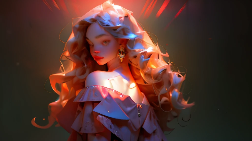 (masterpiece, best quality), 1girl, upper body, wavy hair, ((light skin)), off shoulder, navel, waves, hair ornament, looking at viewer, (intricate, pattern), dappled led lights, nightclub scene, neon flashing lights, against support beam,
