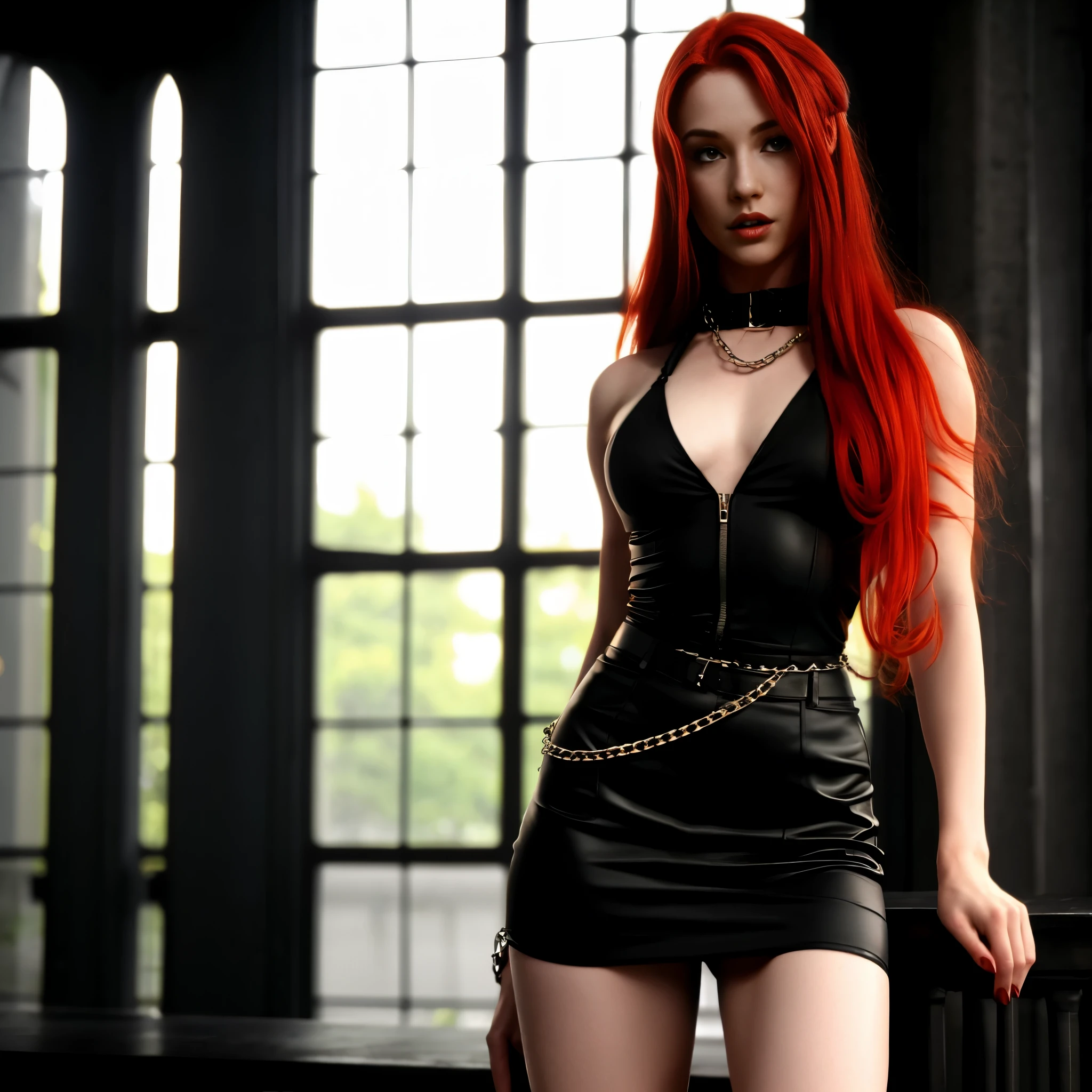 Lenore, red hair, looking at viewer, 8k, hd, detailed, legs, full body, vampire, short skirt, femdom, chains in background, pale skin, sweaty, toned legs, full leg view, full body view, smooth legs, skinny, beautiful, smooth legs