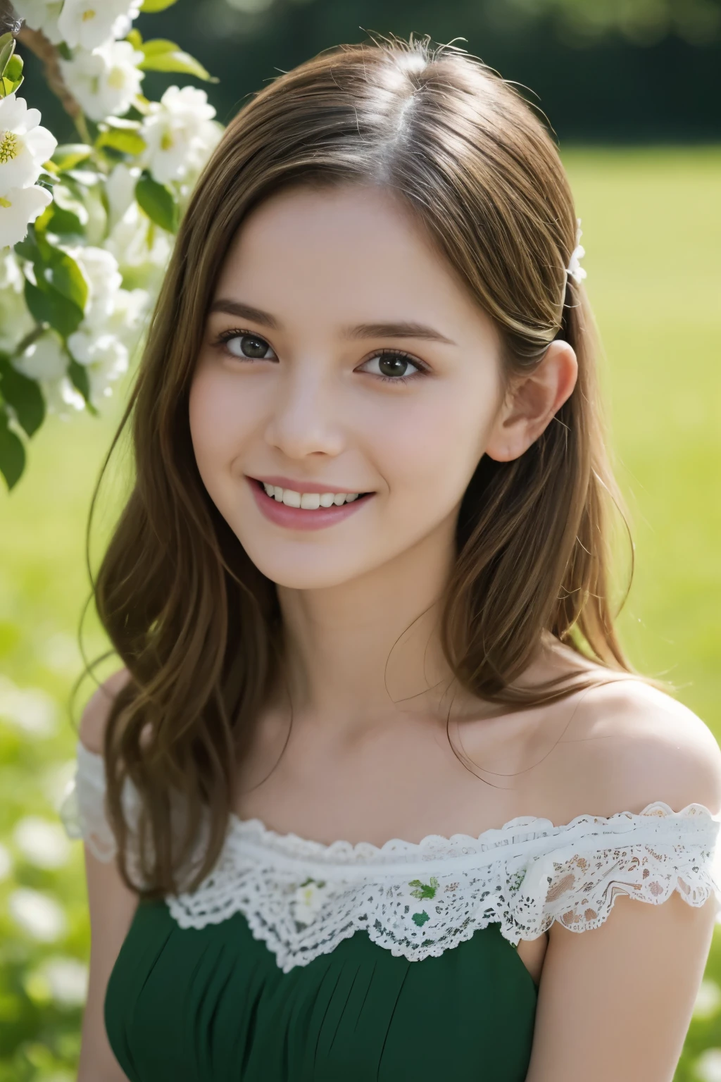 Masterpiece, Best quality, 8k, 18 ans, Photo brute, absurdes, Award-winning portrait, sourire, sourire, pure, french, elegant vibrant verdant green summer dress, spring, orchard in bloom, laces, famous singer, cute, fit, healthy, lovely, princess, gorgeous