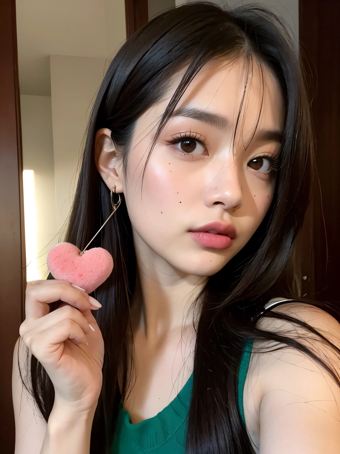 Kim Jennie de blackpink con el cabello rubio claro, cabello rubio con ondulado, cabello de color rubio ondulado, with small fringes, ojos color negro, nariz respingada y bonita, labios gruesos, Cupid and heart shaped lips..., labios rosas, pale, piel blanca, piel bonita y suave, con pecas y lunares, cejas bonitas, marked and beautiful clavicle, mientras tiene un polo con rosas color rojo tinto, rojo oscuro, con ropa interior femenina, con un short corto, short bonito y corto, abdomen delgado y bonito, escote desnudo, (pechos grandes, pechos suaves, pechos naturales, escote desnudo), mientras agarra una rosa, mirando a la camara, autofoto