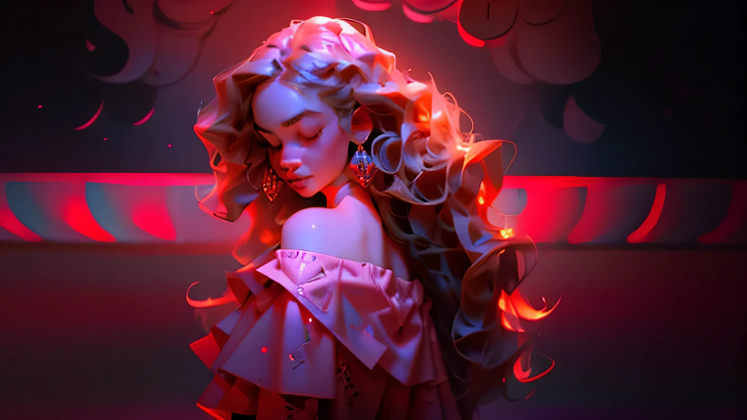 Girl in a nightclub. (masterpiece, best quality), 1girl, upper body, wavy hair, ((light skin)), off shoulder, navel, waves, hair ornament, looking at viewer, (intricate, pattern), dappled led lights, nightclub scene, neon flashing lights, against support beam,