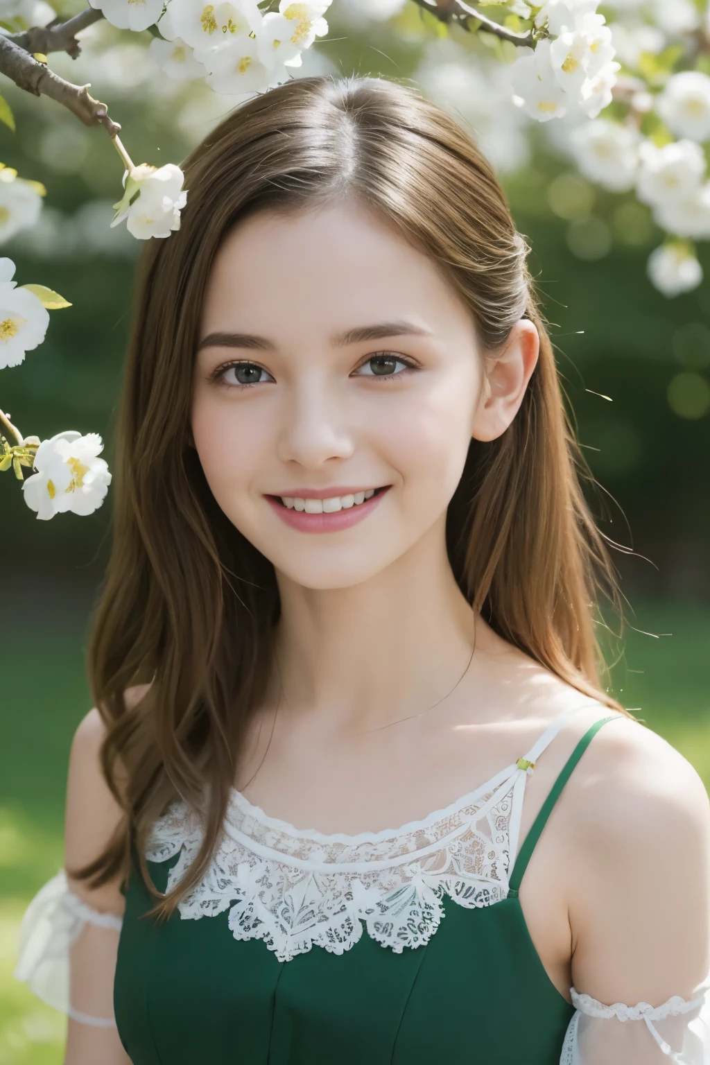 Masterpiece, Best quality, 8k, 18 ans, Photo brute, absurdes, Award-winning portrait, sourire, sourire, pure, french, elegant vibrant green dress, spring, orchard in bloom, laces, famous singer, cute, fit, healthy, lovely
