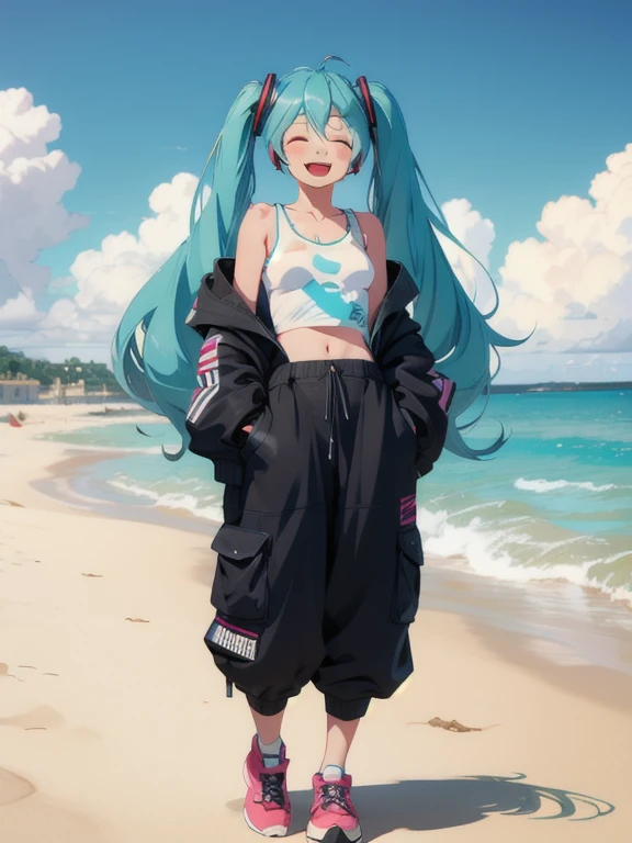 Hatsune Miku, big baggy clothes, happy, at beach 