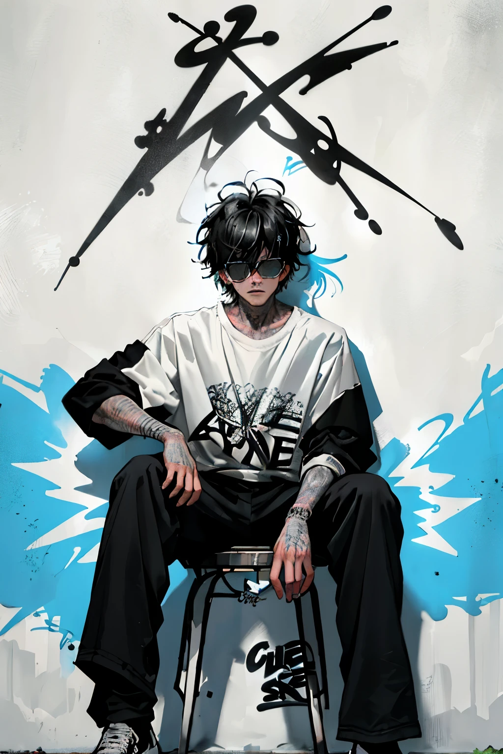 HD, (best detail) (best quality), homme Aalfi à lunettes de soleil assis sur une chaise sur un canapé, (((Graffitis))), (((Trigger Studio Style, Graffitis, rock-punk, couleurs noir et blanc))), Carne Griffiths