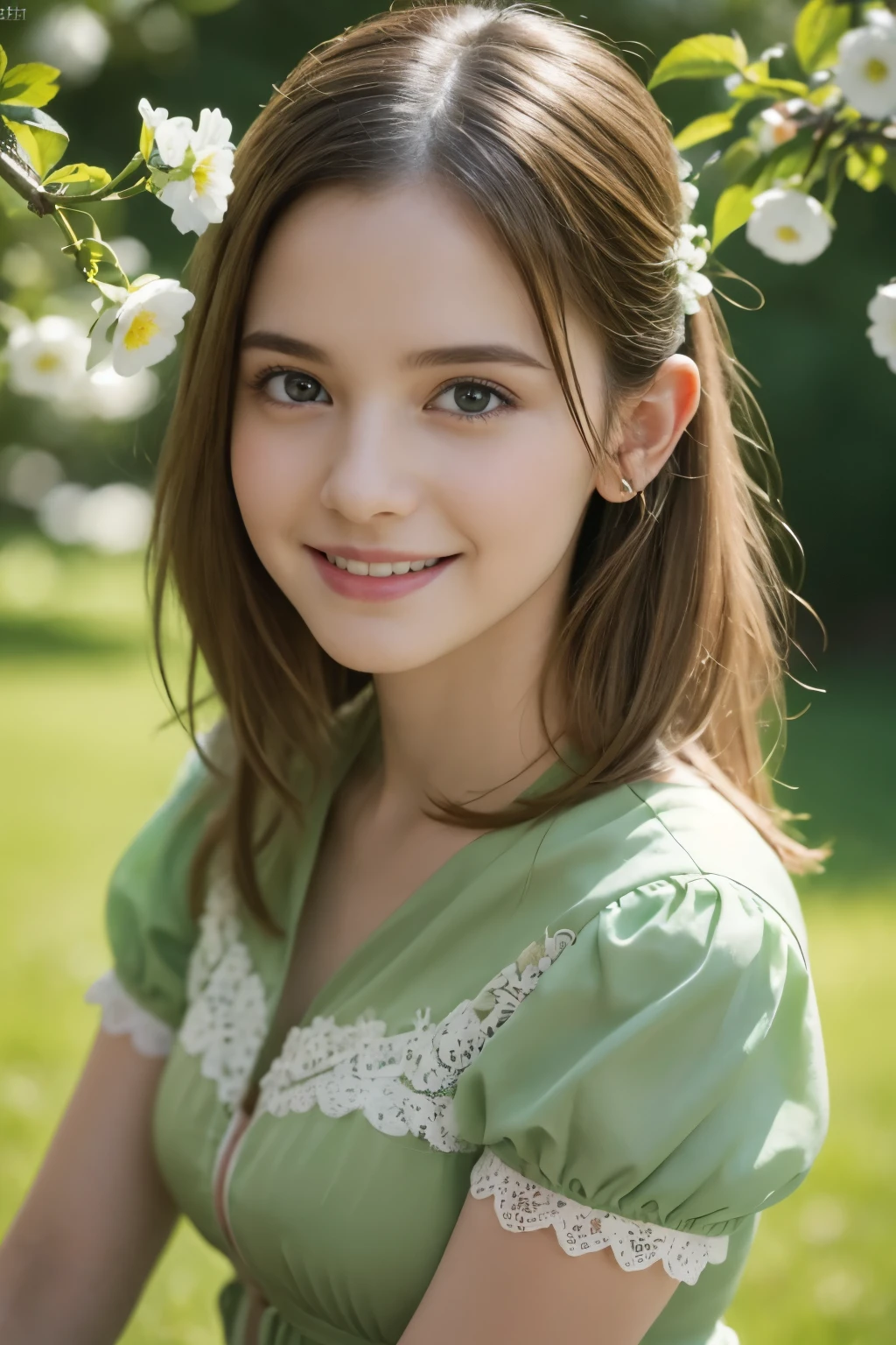 Masterpiece, Best quality, 8k, 18 ans, Photo brute, absurdes, Award-winning portrait, sourire, sourire, pure, french, elegant vibrant verdant green summer dress, spring, orchard in bloom, laces, famous singer, cute, fit, healthy, lovely, princess, gorgeous