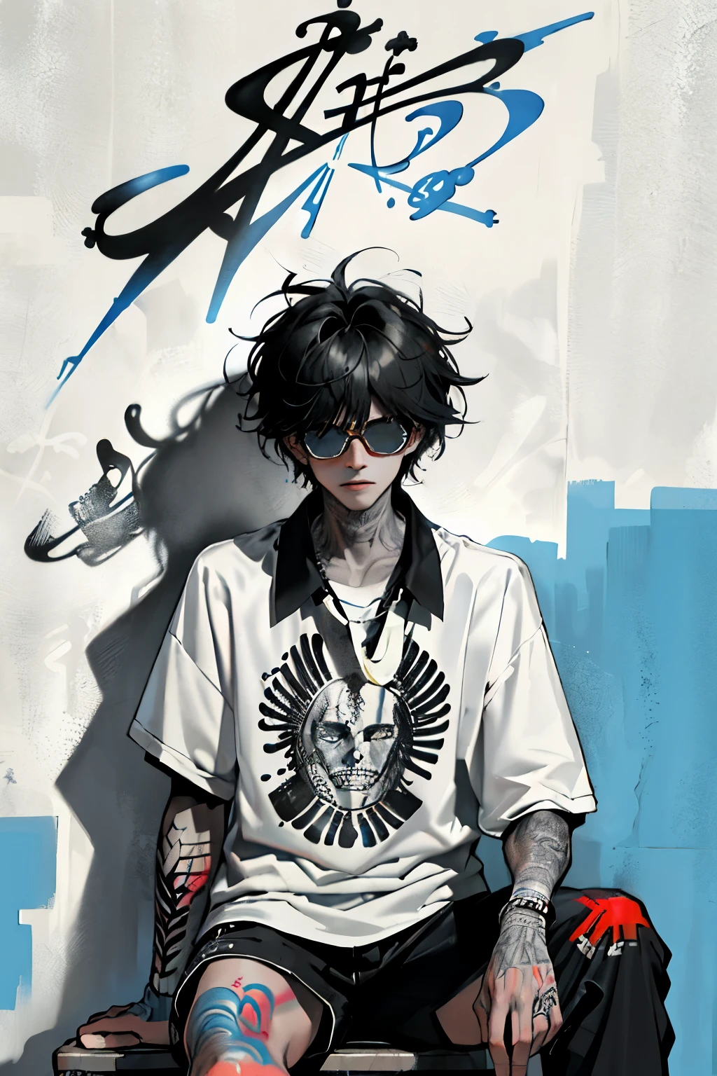 HD, (best detail) (best quality), homme Aalfi à lunettes de soleil assis sur une chaise sur un canapé, (((Graffitis))), (((Trigger Studio Style, Graffitis, rock-punk, couleurs noir et blanc))), Carne Griffiths