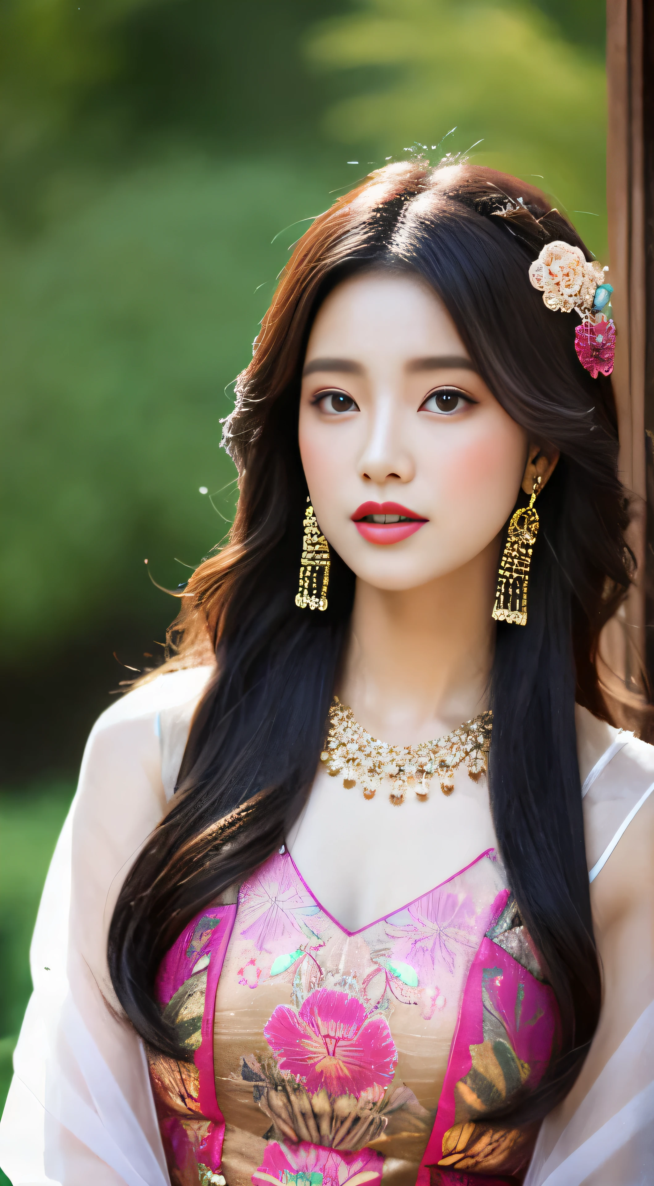 1girl, long_hair, portrait, upper body, china transparent silk dress, dress, hair ornament, necklace, jewelry, long hair, earrings, chinese clothes