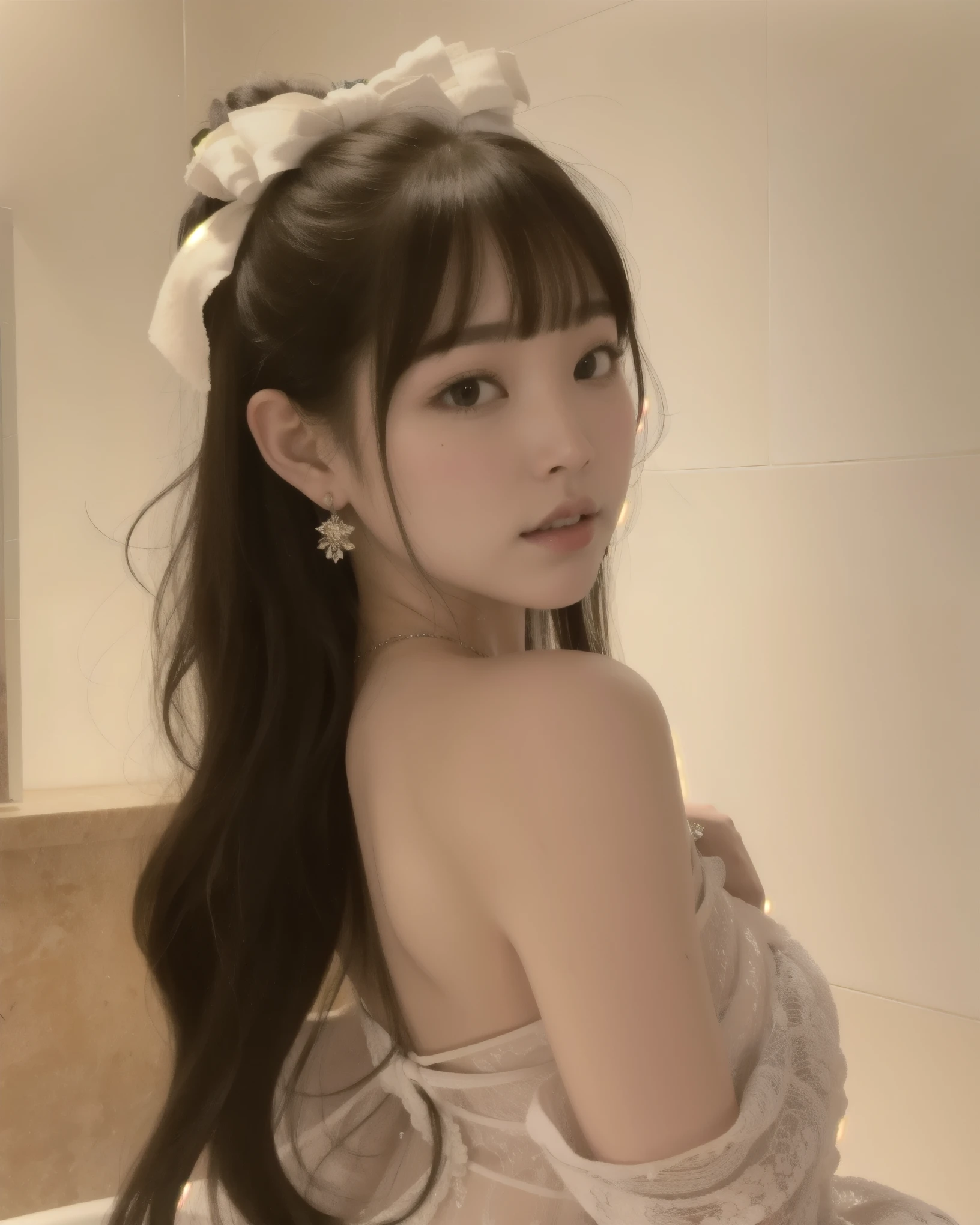 There is a young woman with a bow in a bathroom., shikami, Lalisa Manobal, peinado de corte hime blanco, chiho, el corte de hime, pelo largo con flequillo completo, ulzzang, sakimichan, Yoshitomo Nara, bella delfina, pelo largo con flequillo, cabello limpio con flequillo, rostro Wongyoung de IVE