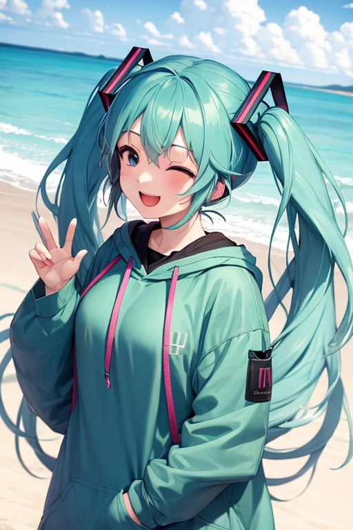 Hatsune Miku, big baggy clothes, happy, at beach 