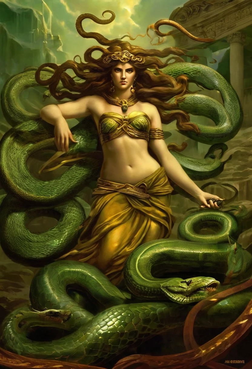Medusa is a figure from Greek mythology, known for her ability to turn anyone who looked at her into stone. She was once a beautiful woman with flowing hair, but she was cursed by Athena after she was violated by Poseidon in Athena's temple. As punishment, Medusa's hair was transformed into snakes, and her gaze became lethal. She is often depicted as a monstrous creature with a hideous face and serpents for hair. Medusa's head was eventually severed by the hero Perseus, who used it as a weapon and as protection against his enemies. She remains one of the most iconic and enduring figures of Greek mythology, symbolizing both terror and vulnerability.