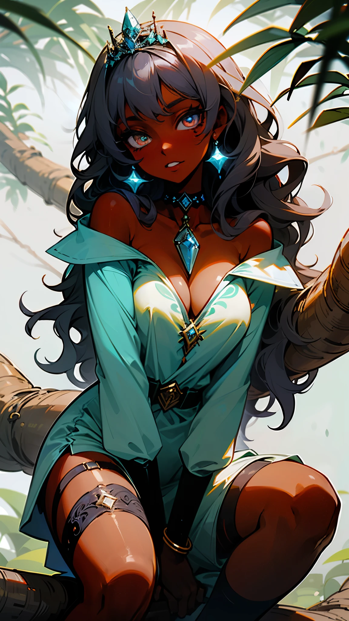 fog, dark skin reflecting light, shiny glowing eyes, shiny accessories, emerald accessories, choker, princess tiara, bracelet, thigh garter, 1 girl, dark skin, wavy hair, make-up, off-shoulder blouse, sitting on a tree branch