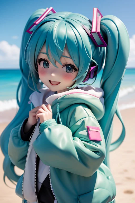Hatsune Miku, big baggy clothes, happy, at beach