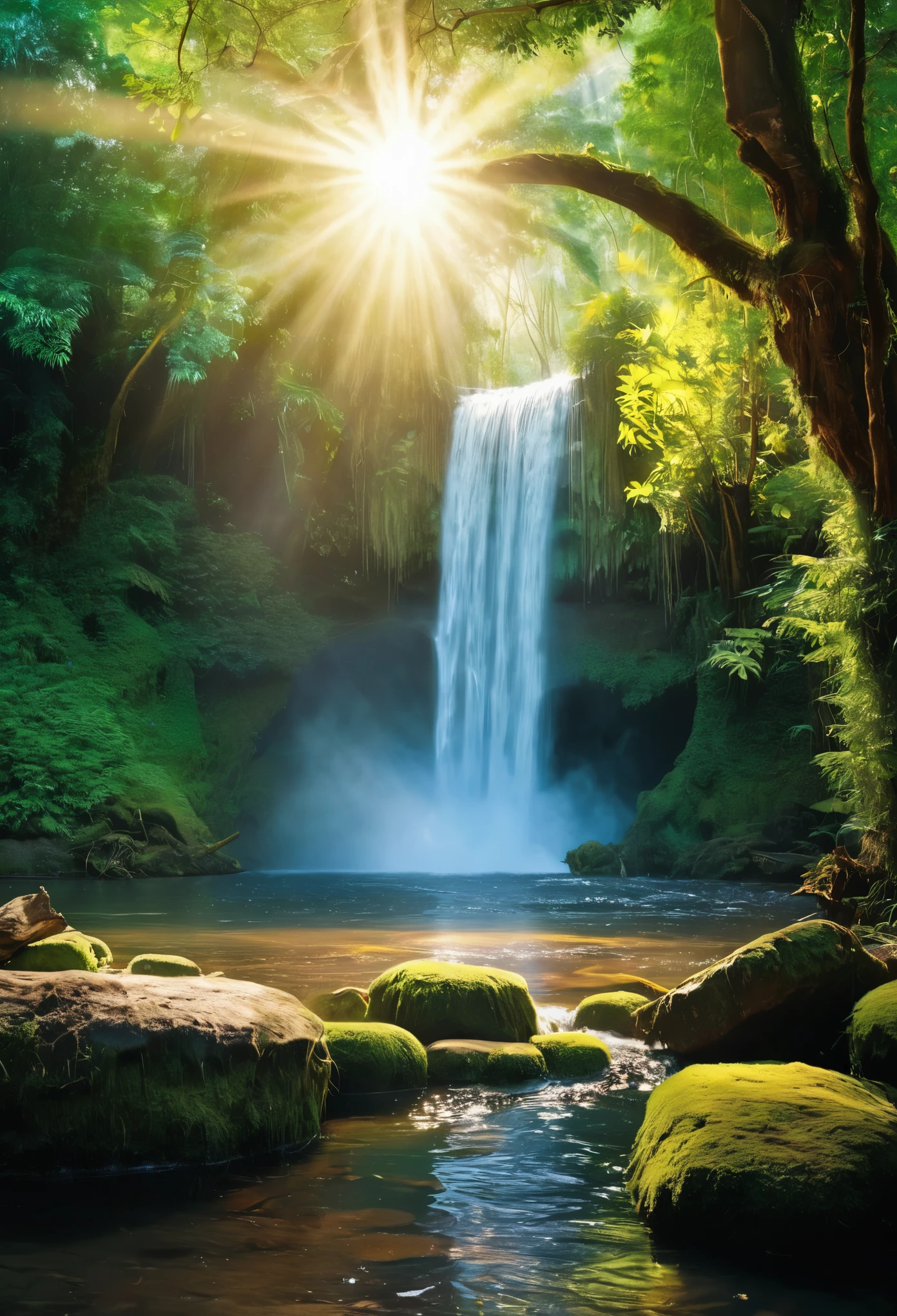 There is a photo of a waterfall,A beam of light shoots out of the waterfall, Mysterious forest lagoon, forest ray, Magic forest background, magical environment, some sunshine, beautiful and mysterious, mysterious environment, Amazing screensaver, The gateway to the ethereal realm, Ethereal beams, With ethereal light, reflected light, Sunlight reflected on the river, portal to another world