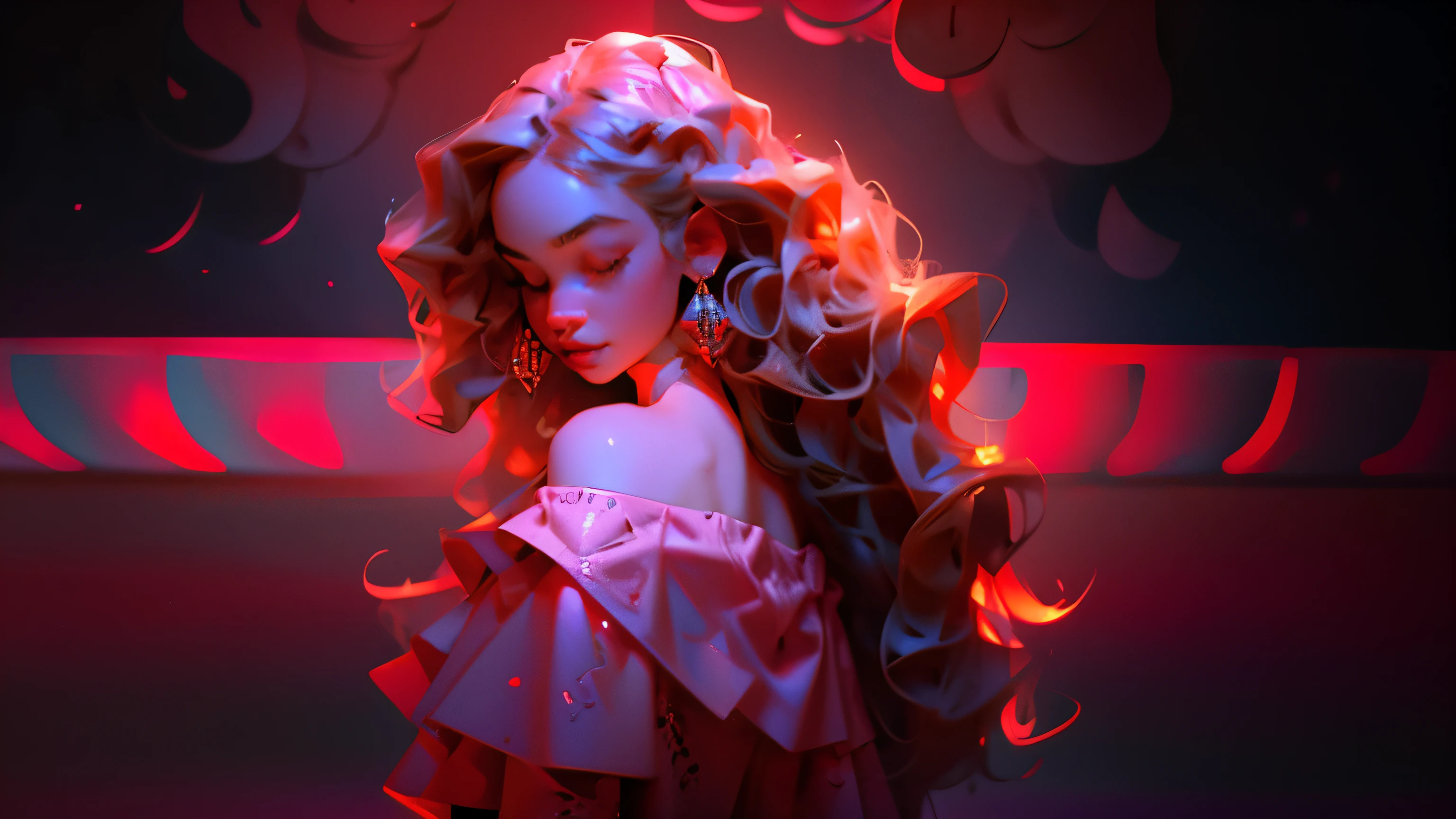 Girl in a nightclub. (masterpiece, best quality), 1girl, upper body, wavy hair, ((light skin)), off shoulder, navel, waves, hair ornament, looking at viewer, (intricate, pattern), dappled led lights, nightclub scene, neon flashing lights, against support beam,