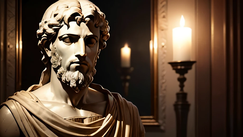 Estatua estoica, filosofo grego, Marco Aurelio, refletindo, deitado em seu quarto, The only lighting is candlelight, cinematographic, high resolution.