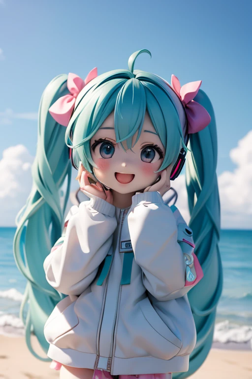 Hatsune Miku, big baggy clothes, happy, at beach 