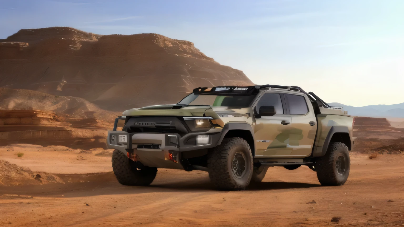 arafed truck in the desert with a mountain in the background, trending on vehicle design, military vehicles, vehicle concept photo!!, military design, desert camouflage, new vehicle, front perspective, off - road, vehicle design, military equipment, truck, raptor, militaristic, on the desert, 2 0 2 2, 2022, military weaponry