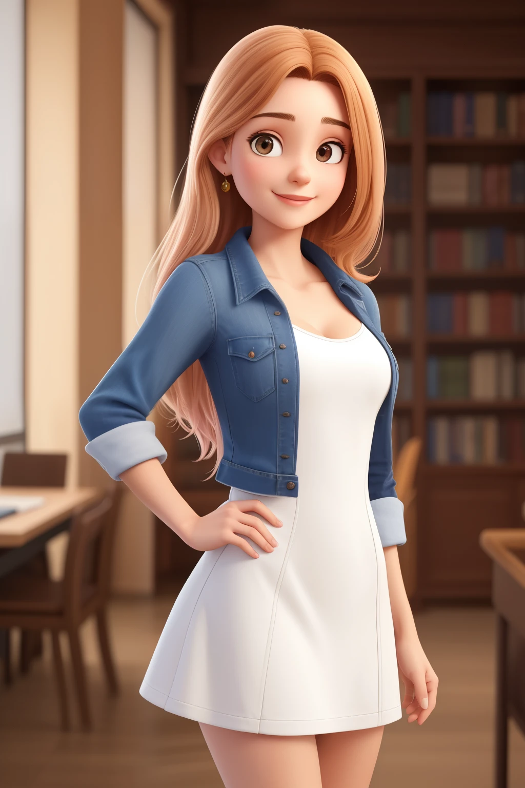 Uma mulher de 20 anos, com longos cabelo ondulados , castanhos esculo, pointing the right hand with the index finger, Rosto redondo, sorriso encantador, e olhos castanhos, na biblioteca, studio lighting, She is wearing white dress, jaqueta jeans e sandalia.