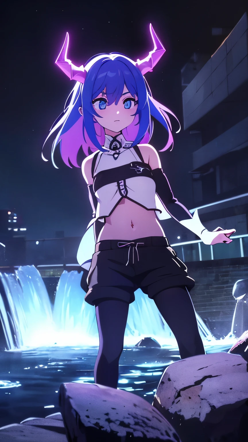 1 girl ,(big Stigmata), non binary, androgynous, School courtyard, (floating hair), ((in courtyard fountain)), character focus, ((black light)),((dark lighting)), cinematic lighting ,(darkness), (concept art), ((innocent face)), blue short straight hair, light blue hair color, dragonoid girl, short, short blue hairy, glowing bluish-purple horns, bluey-purple eye color, (glowing eyes), high resolution,(incredibly absurdres) ,extremely detailed CG unity 8k wallpaper, ((masterpiece)), ((top-quality)), (beautiful illustration), ((an extremely delicate and beautiful)), (masterpiece, Best quality, ultra high resolution), 1 girl, pale skin, Black Crown, purple eyes, Luminous_eyes, neon blue eyes, ultra detailed eyes, Beautiful and detailed face, detailed eyes, (Centered, torso), (wide shot:0.9), facing the viewer, Eye level, flat chested, flat chest, cup size AAA, Wearing black cargo shorts, sharp horns, blue horns on top of head