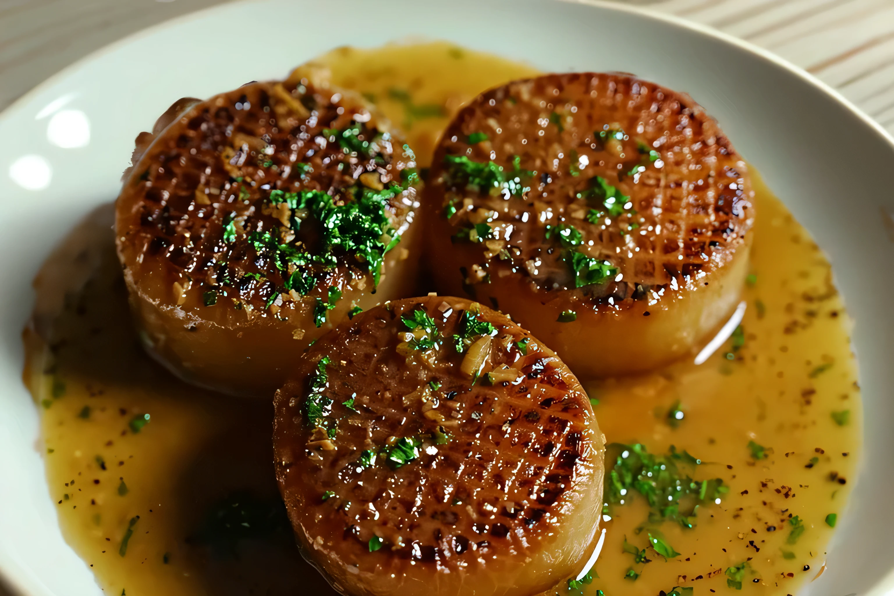 there are three scallops on a plate with sauce and herbs, gushy gills and blush, yummy, glazed, very crispy, yum, cheesy, ❤🔥🍄🌪, warm, served on a plate, caramel, sauce, favorite, three michelin star, very crisp, easy, honey, 3 4 5 3 1, closeup at the food, soft, ivory