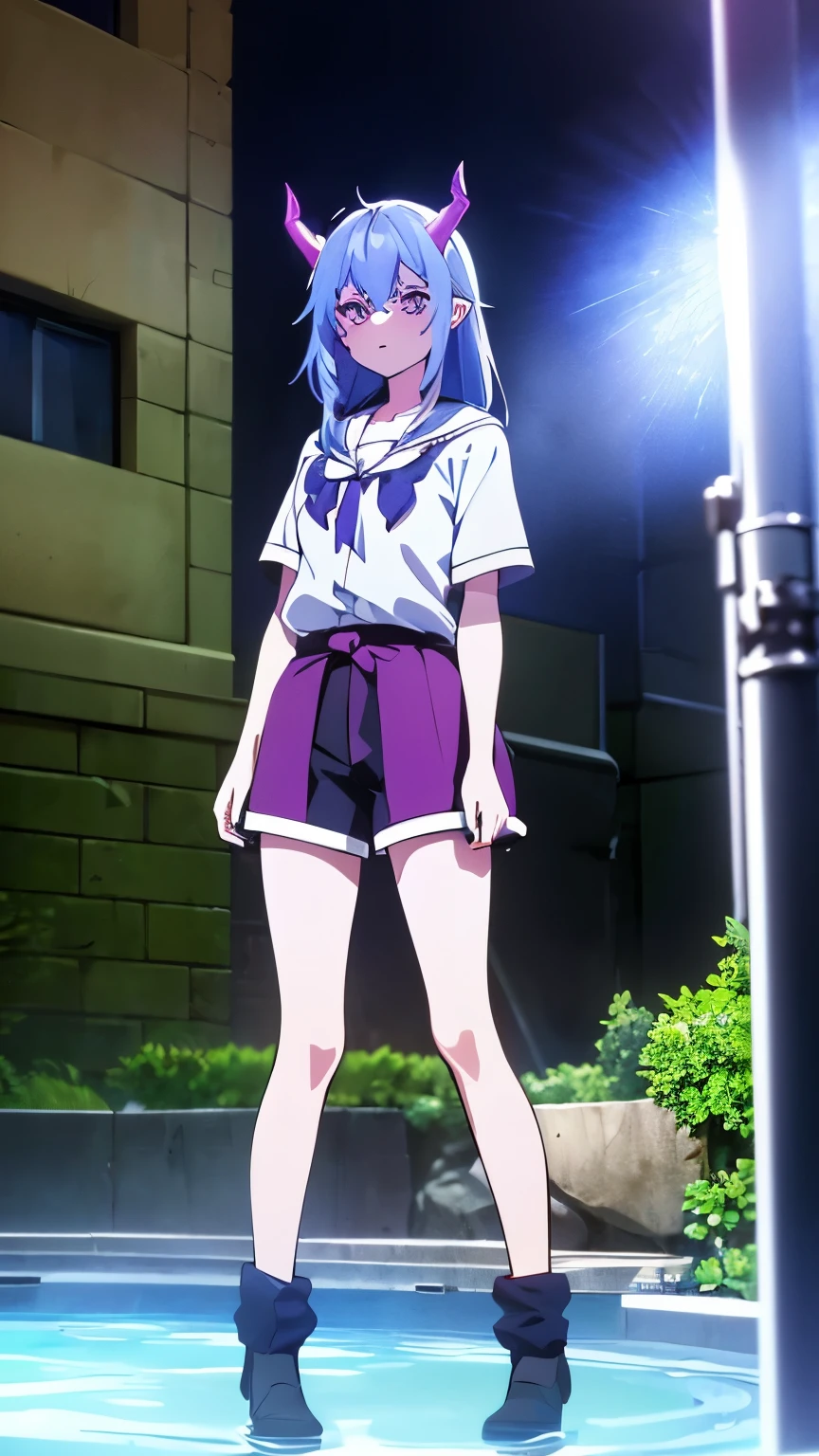 1 girl ,(big Stigmata), non binary, androgynous, School courtyard, (floating hair), ((in courtyard fountain)), character focus, ((black light)),((dark lighting)), cinematic lighting ,(darkness), (concept art), ((innocent face)), blue short straight hair, light blue hair color, dragonoid girl, short, short blue hairy, glowing bluish-purple horns, bluey-purple eye color, (glowing eyes), high resolution,(incredibly absurdres) ,extremely detailed CG unity 8k wallpaper, ((masterpiece)), ((top-quality)), (beautiful illustration), ((an extremely delicate and beautiful)), (masterpiece, Best quality, ultra high resolution), 1 girl, pale skin, Black Crown, purple eyes, Luminous_eyes, neon blue eyes, ultra detailed eyes, Beautiful and detailed face, detailed eyes, (Centered, torso), (wide shot:0.9), facing the viewer, Eye level, flat chested, flat chest, cup size AAA, Wearing black cargo shorts, sharp horns, blue horns on top of head,