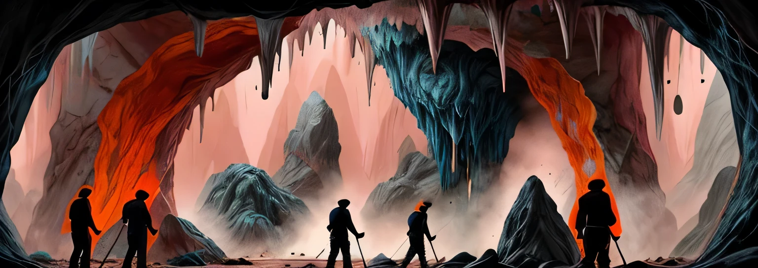 Three men with pickaxes, cave, stalactites, stalagmites, dark