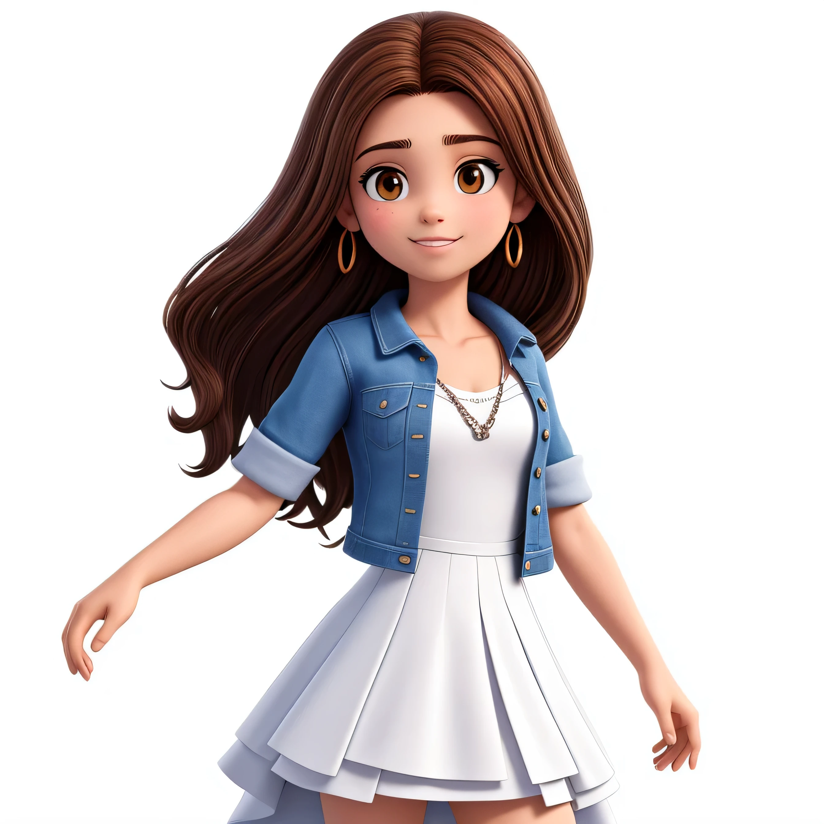 Uma mulher de 20 anos, com longos cabelo ondulados , castanhos esculo, Rosto redondo, sorriso encantador, e olhos castanhos, na biblioteca, studio lighting, She is wearing white dress, jaqueta jeans e sandalia.