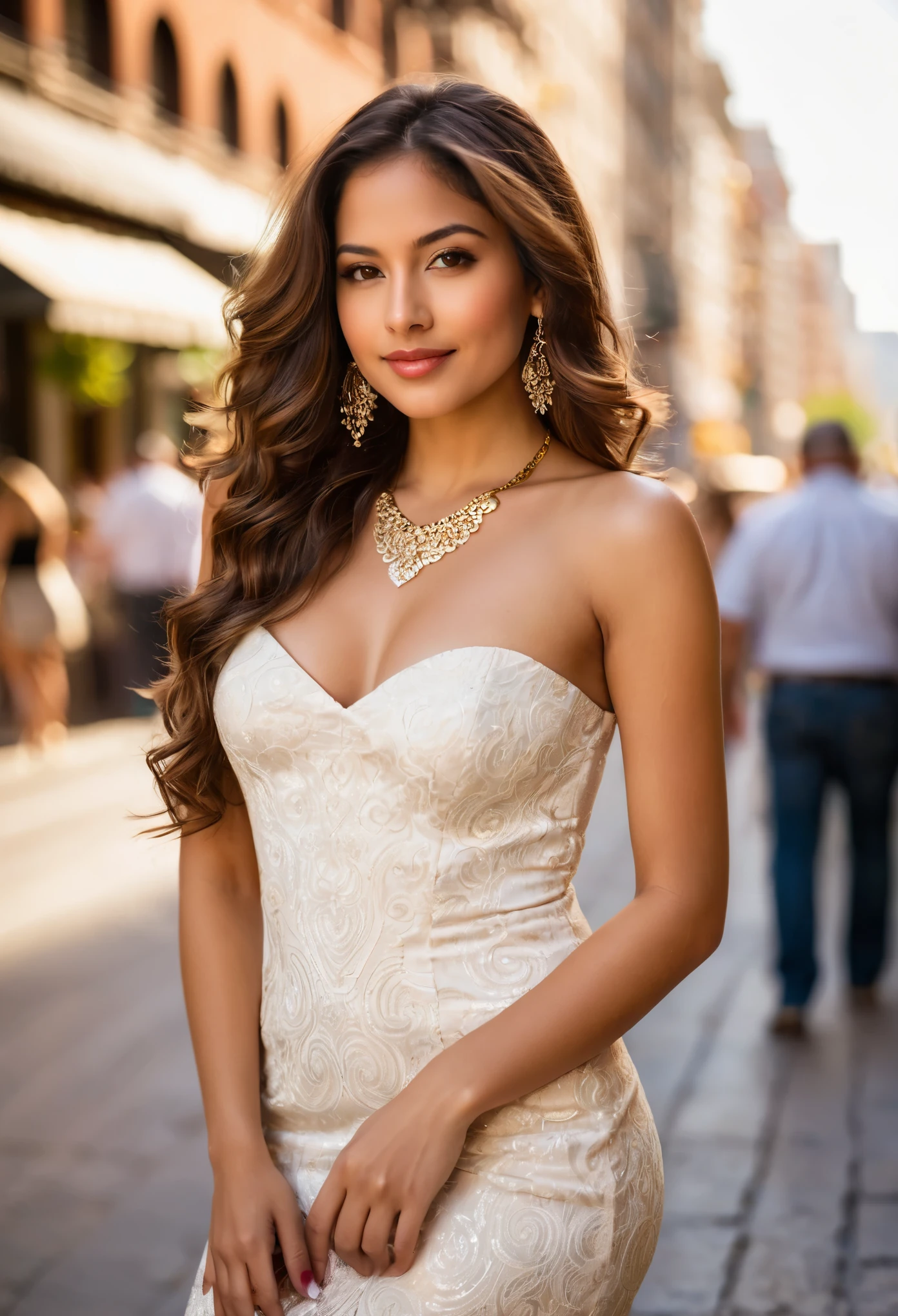 Beautiful latina brunette young lady, light dress, poses confidently in the heart of the bustling city. Her long, wavy chestnut hair cascades down her back, framing her elegant features. Expressive brown eyes gazing directly at the viewer. Her bare shoulders glisten in the sunlight, adorned with a delicate necklace that highlights the curve of her neck. Her rosy lips are parted slightly, revealing a hint of a playful smile.